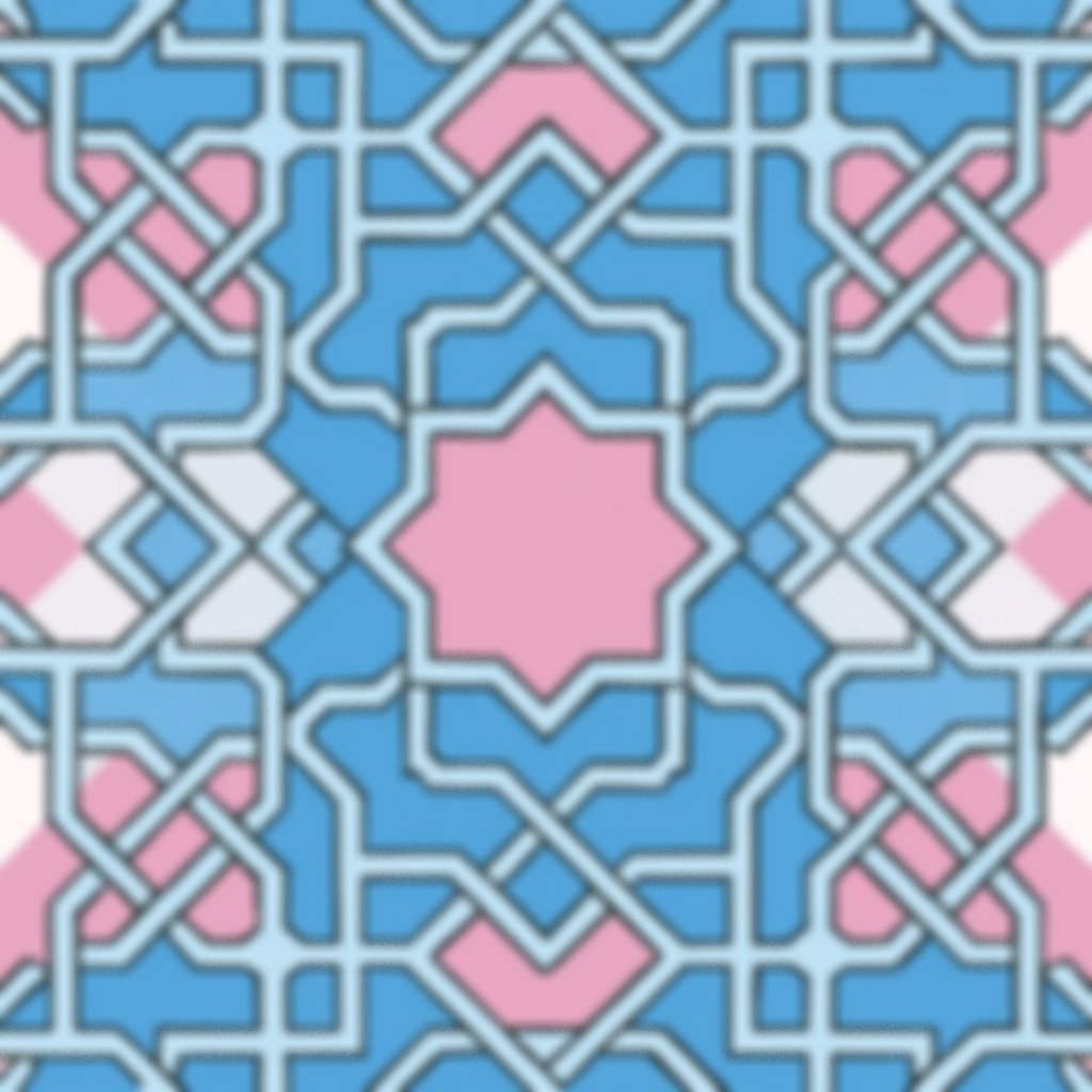 A symmetrical geometric pattern with interconnected lines forming star and diamond shapes in pink, blue, and white colors.