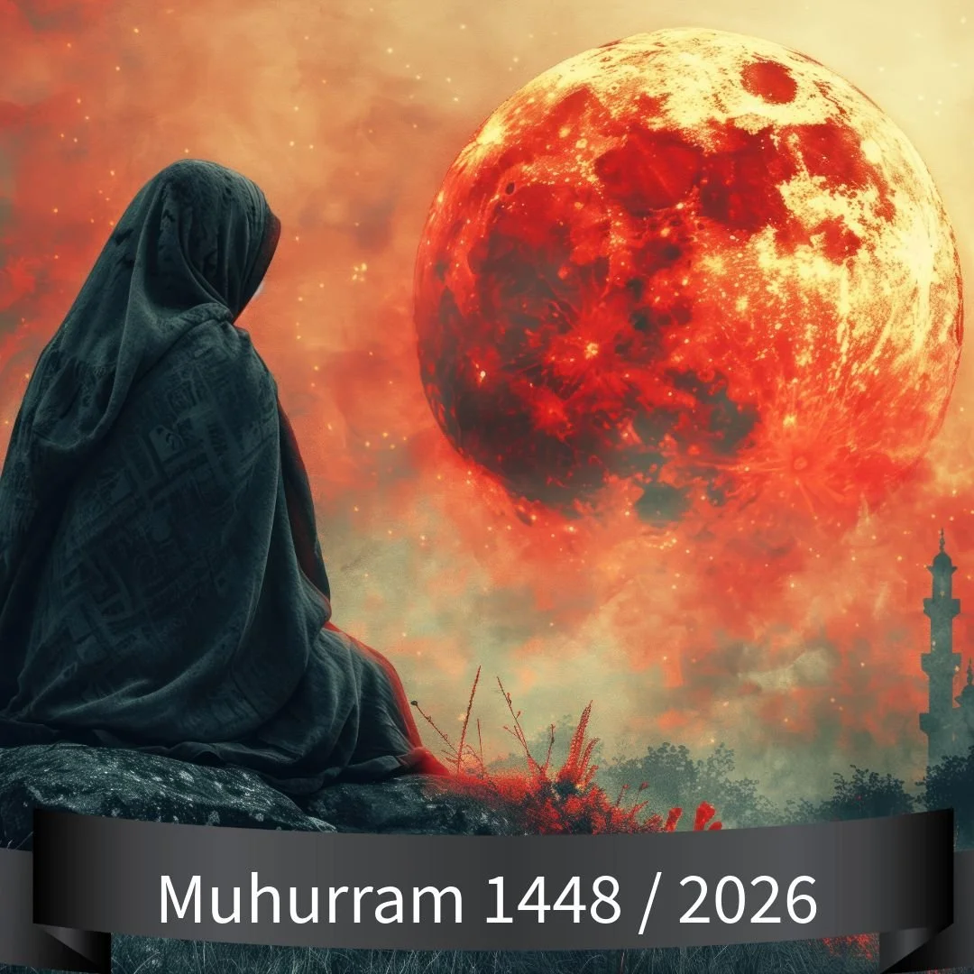 A person in traditional clothing sitting on a rocky surface, gazing at a large, fiery red moon in the sky with cosmic clouds and a minaret in the distance. The text on the image reads "Muhurram 1448 / 2026."