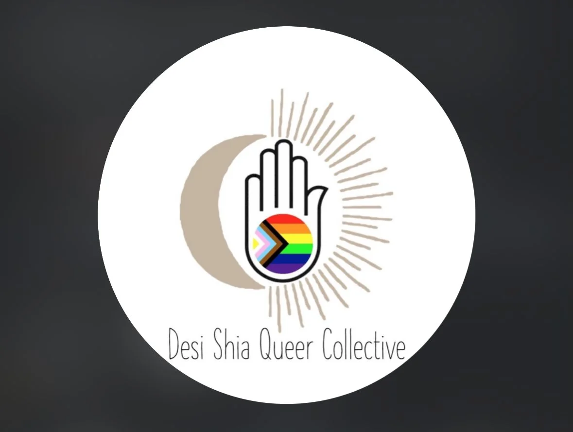 Logo for Desi Shia Queer Collective with a hand, moon, and sun icons, decorated with rainbow pride colors.