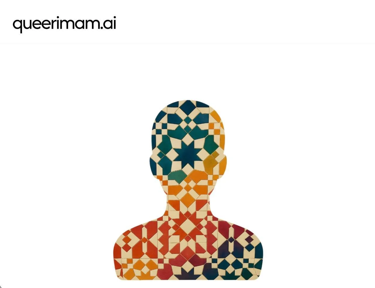 Silhouette of a person's head and shoulders filled with colorful geometric patterns, with the text 'queerima.ai' in the top left corner.