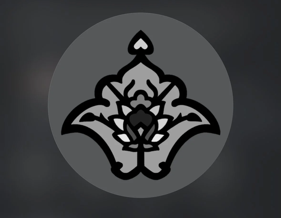 A black and white ornamental design with symmetrical floral and leaf elements.