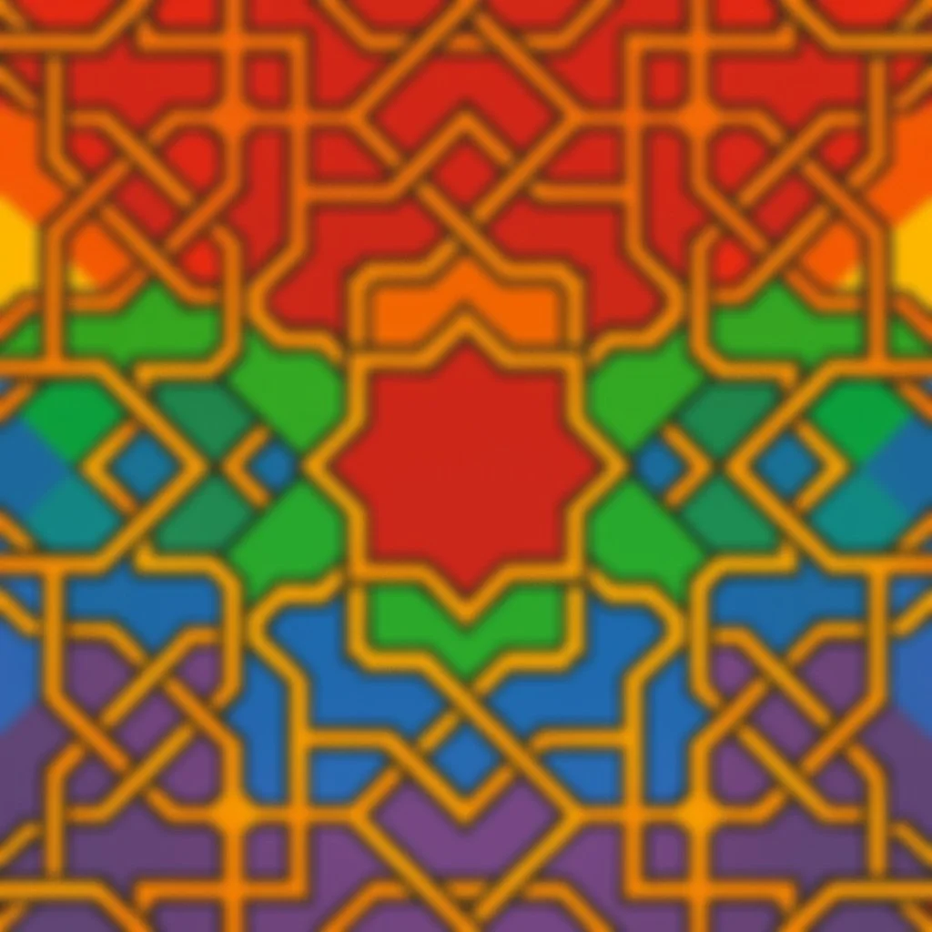 Colorful geometric pattern with interlocking lines and shapes in red, orange, yellow, green, blue, and purple.
