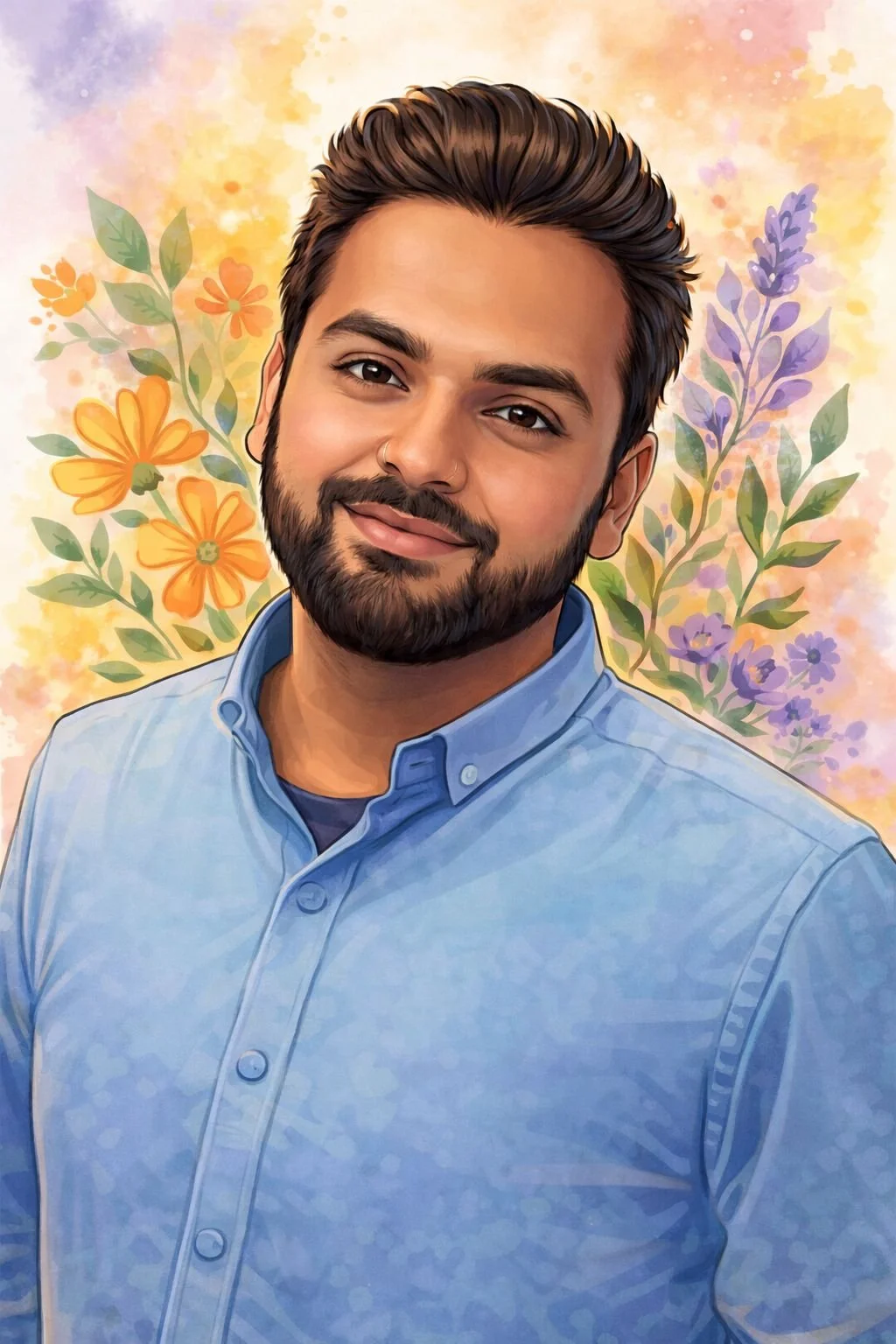 A digital illustration of a man with dark hair, beard, and light brown skin, smiling slightly with a background of colorful watercolor-style flowers and leaves.