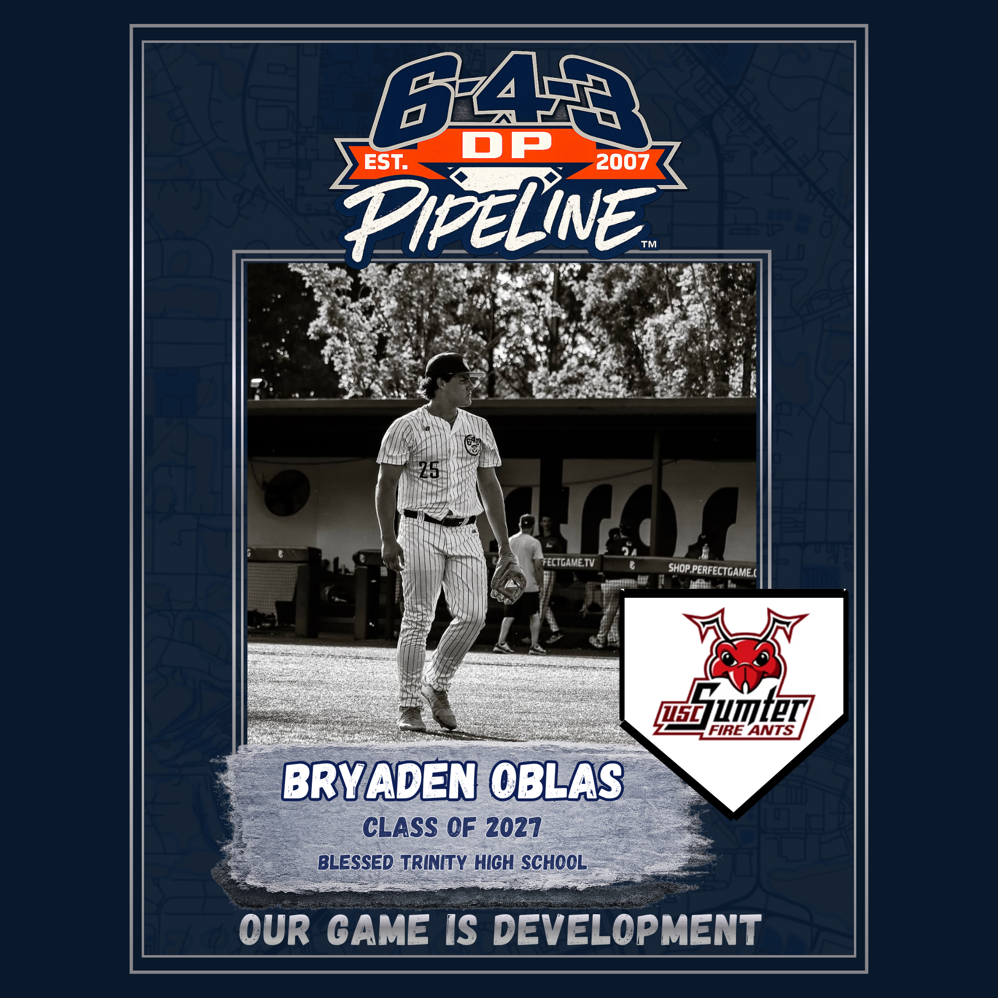 A digital poster celebrating a graduation from Blessed Trinity High School, Class of 2027. The poster features a black and white photo of a young man in a baseball uniform holding a cap, standing in front of a covered area with trees in the backgroun