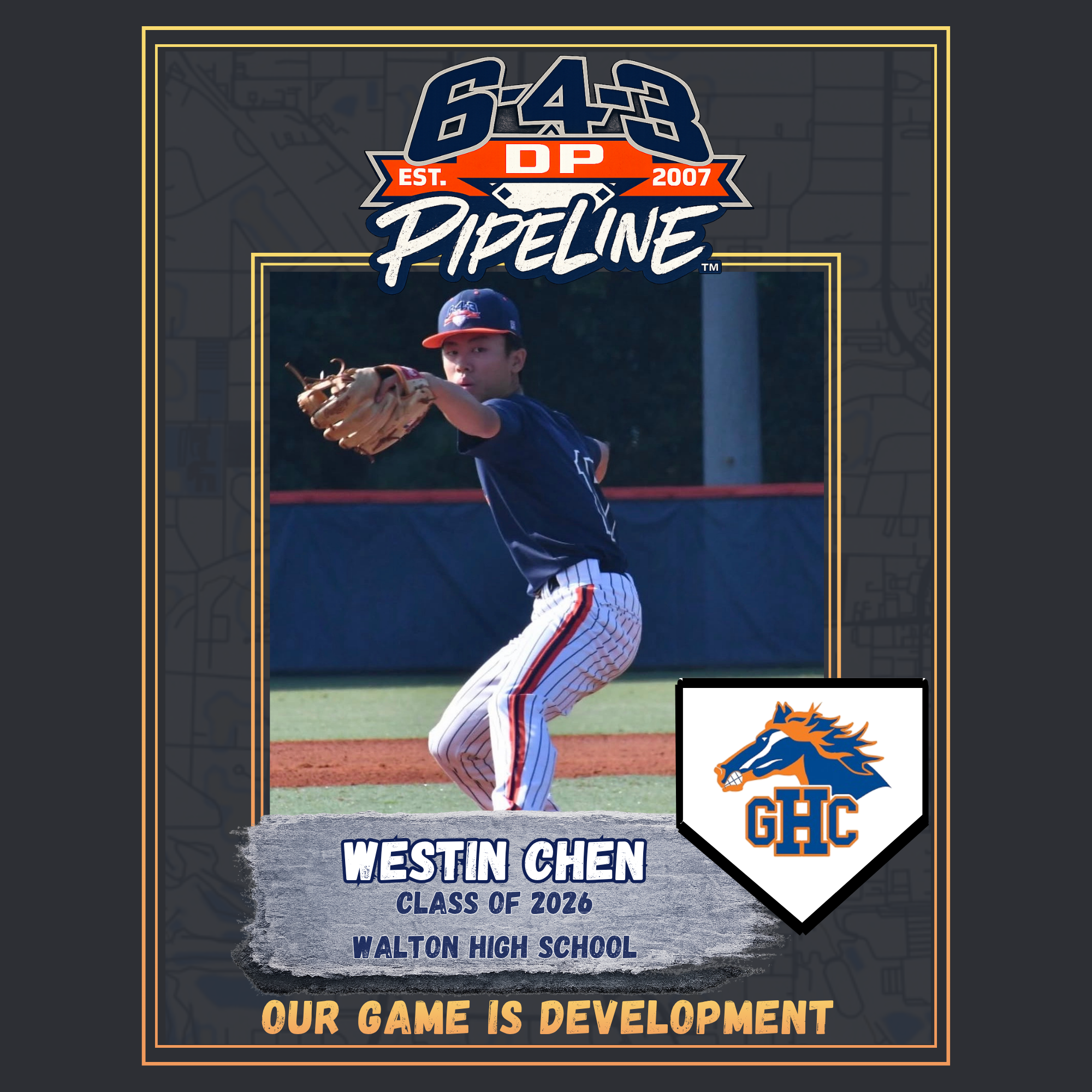 A poster celebrating Westin Chen's baseball achievement. It features a baseball player in a navy and orange uniform, a logo for Walton High School, and text announcing Westin Chen's graduation class of 2026. The poster emphasizes development with the