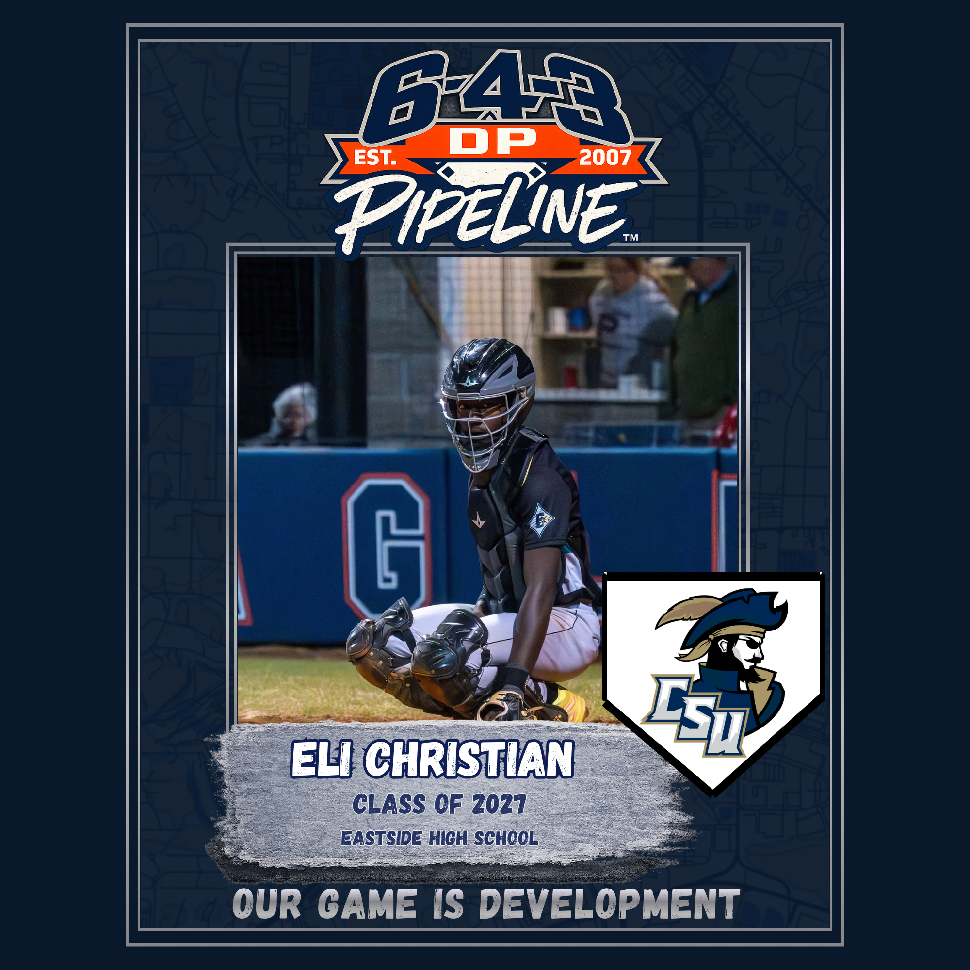 A baseball player in a black uniform with a helmet kneeling on the field, with a background of spectators and a scoreboard. The top of the image features a logo with the text '64! DP Pipeline EST. 2007' and a cartoon pirate mascot. The bottom of the 