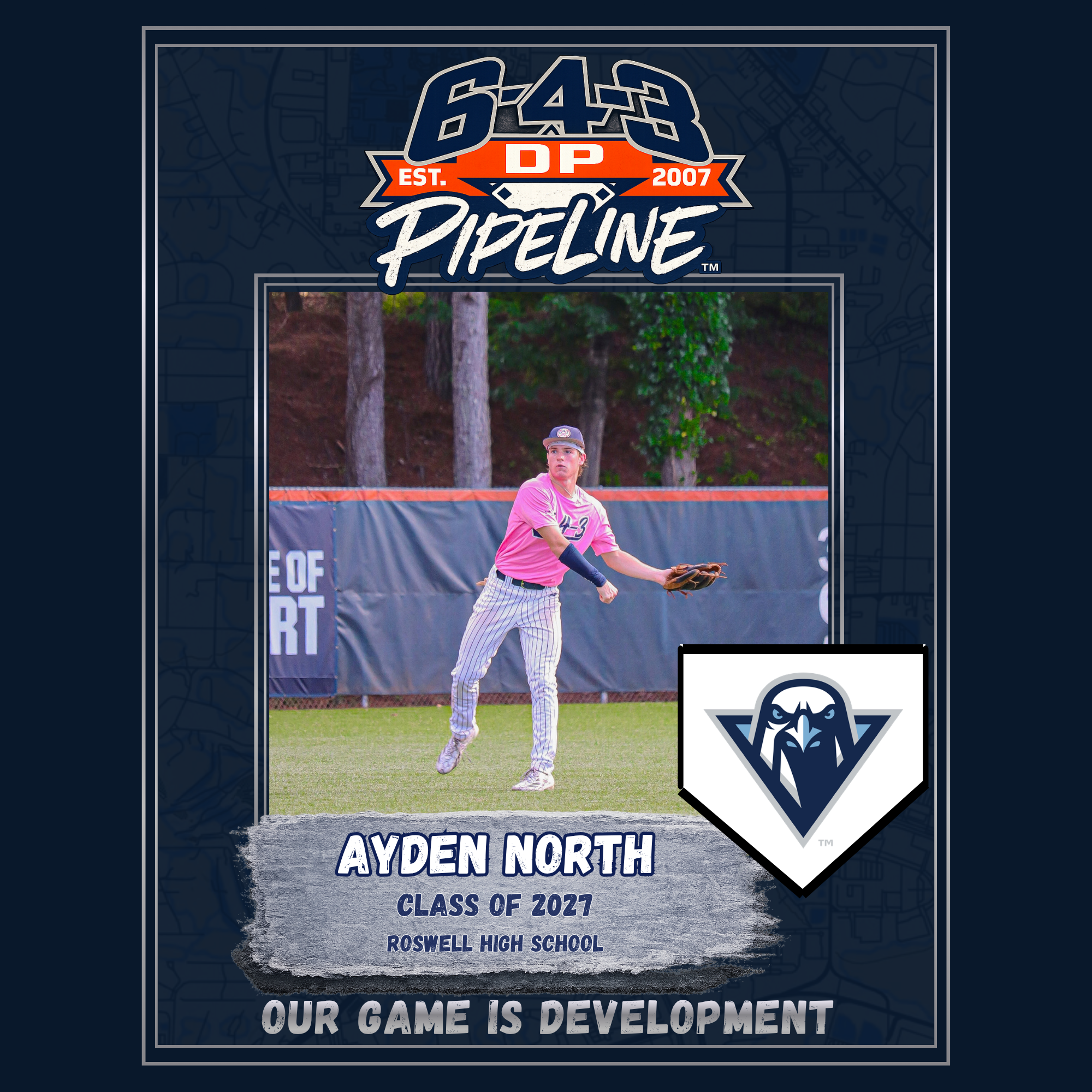 A poster with a dark background featuring a logo and text for Ayden North Little League Baseball, class of 2027, from Roswell High School. The poster includes an image of a young male baseball player in a pink jersey and pinstriped pants, standing on