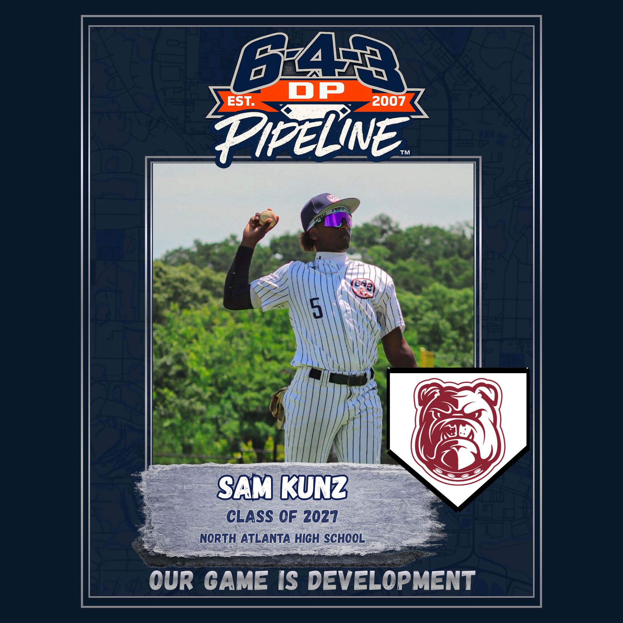 A digital graphic design celebrating Sam Kunz's graduation from North Atlanta High School in 2022, featuring a person in a baseball uniform holding a ball, with a mostly blue background and various text and logo elements.