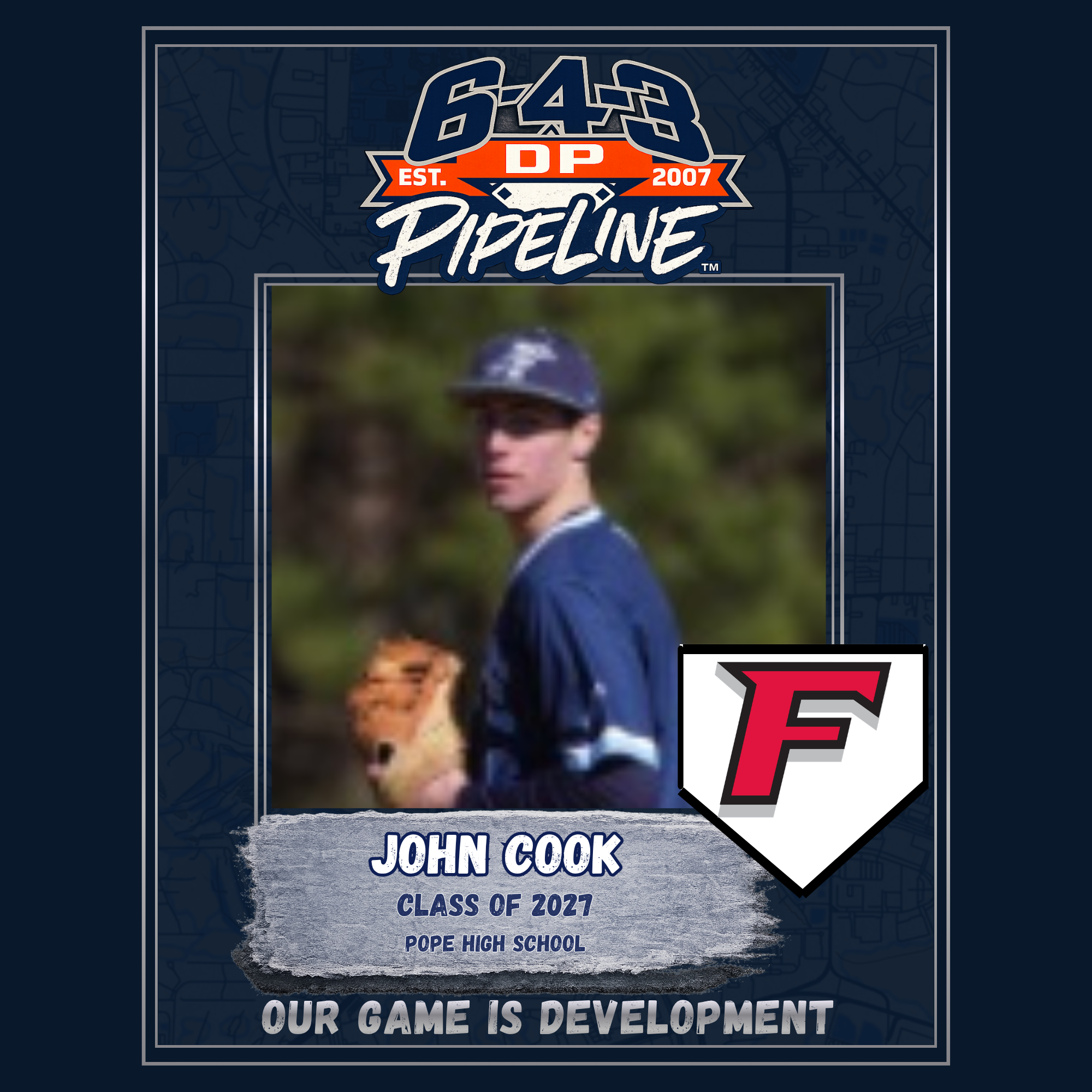 A digital poster celebrating John Cook as a class of 2021 graduate from Pope High School. It features a dark background with a semi-transparent map overlay, a university dye link at the top, and text announcing the graduation details.