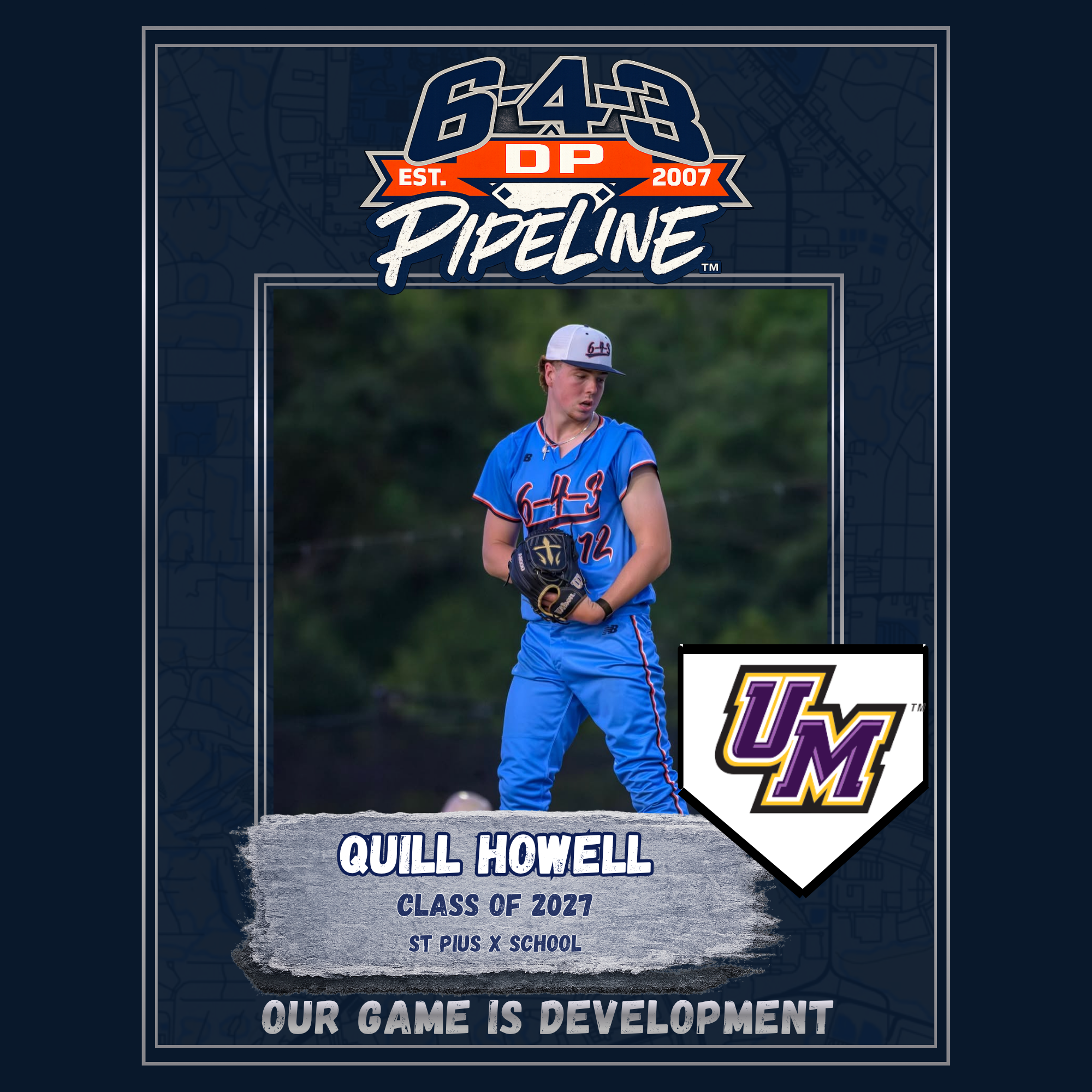 A graphic poster with a baseball theme displaying the name Quill Howell, class of 2022, from St. Pius X School. The poster features a young male baseball player in a blue uniform and a white cap, holding a baseball glove. The background includes a bl