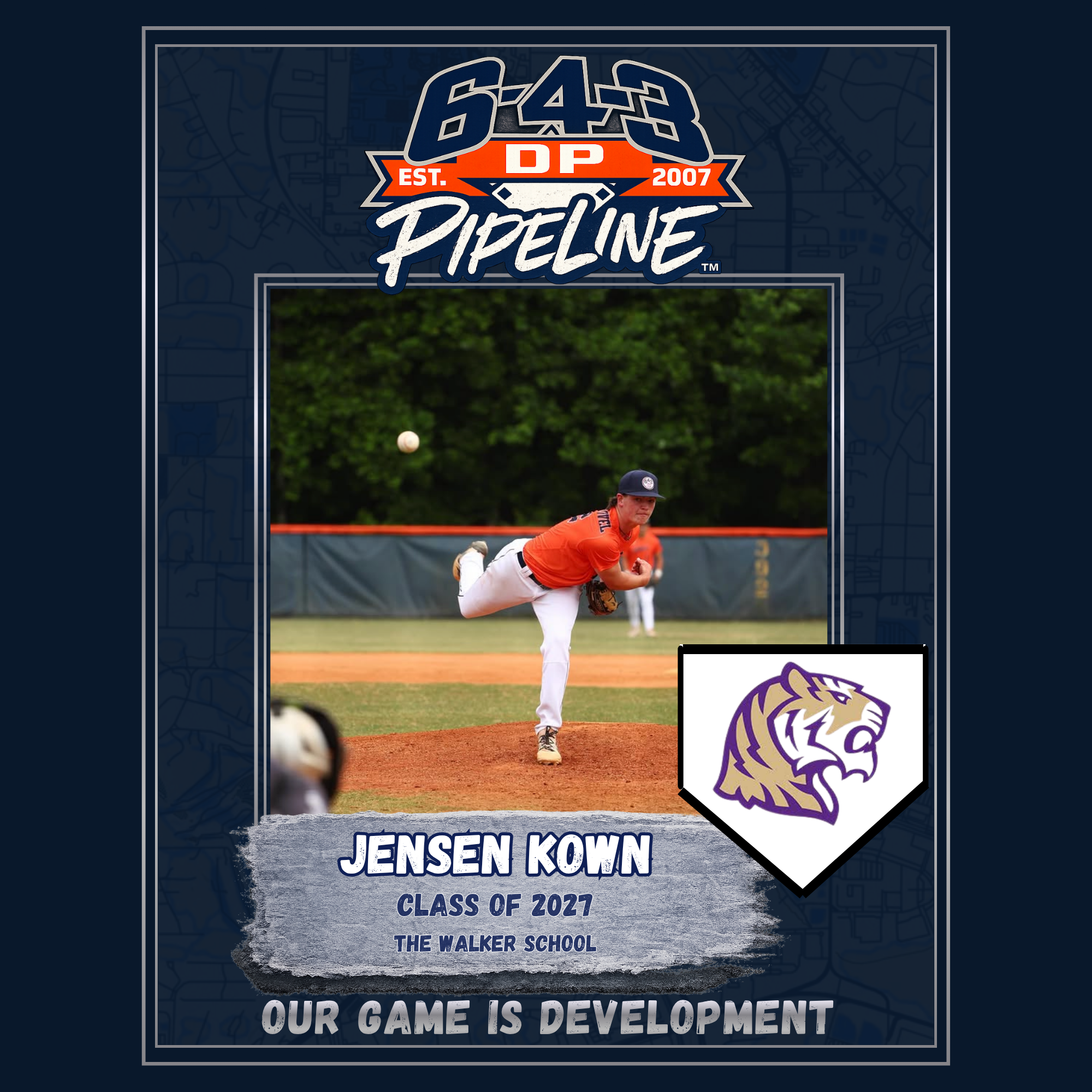 Poster celebrating Jensen Kown, a baseball player from Class of 2027 at The Walker School, with a background of a baseball game and a logo of a purple and gold lion.