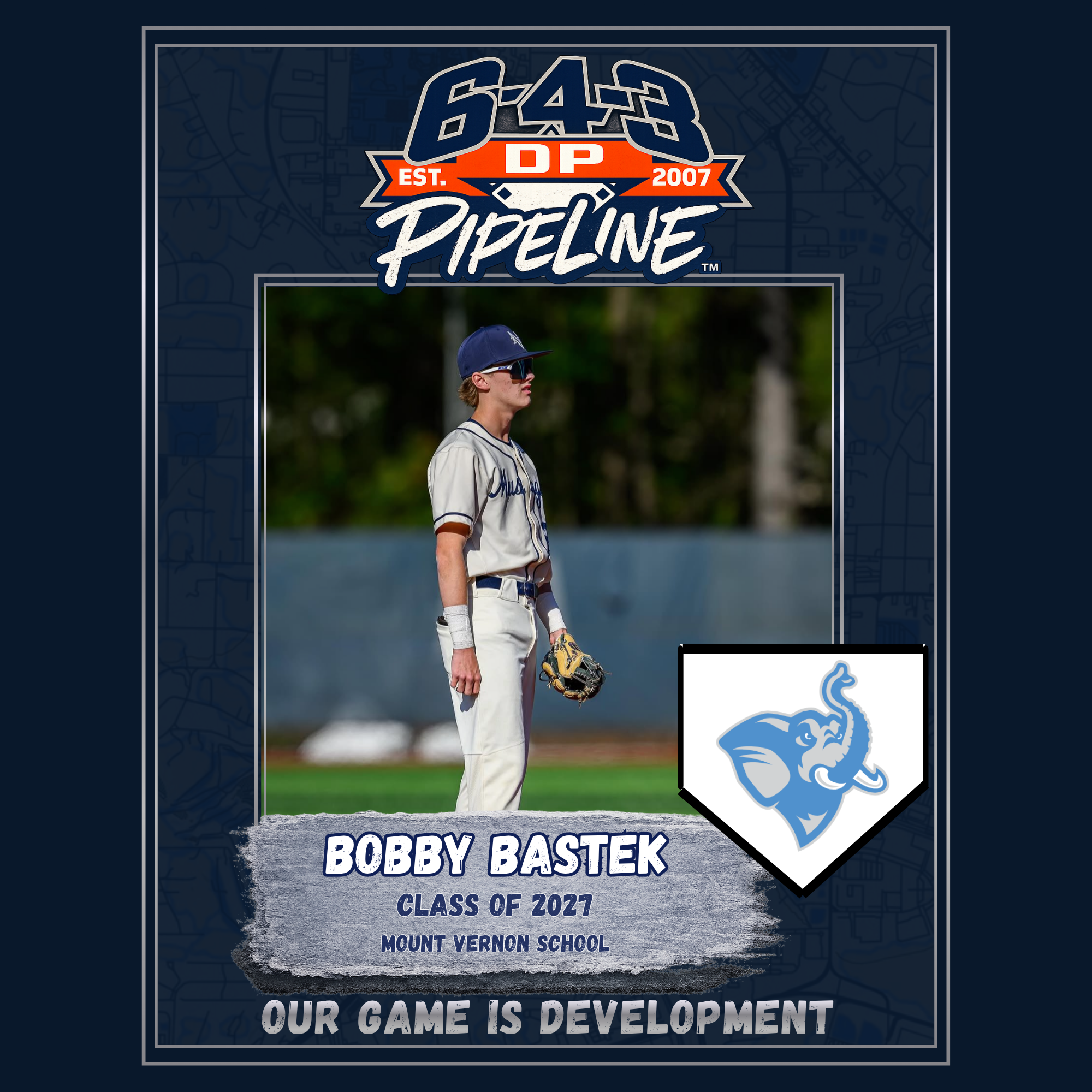 High school baseball senior banner featuring a young male player in uniform and cap, with a blue and white tiger mascot logo in the bottom right corner, and text indicating class of 2022 from Mount Vernon School.