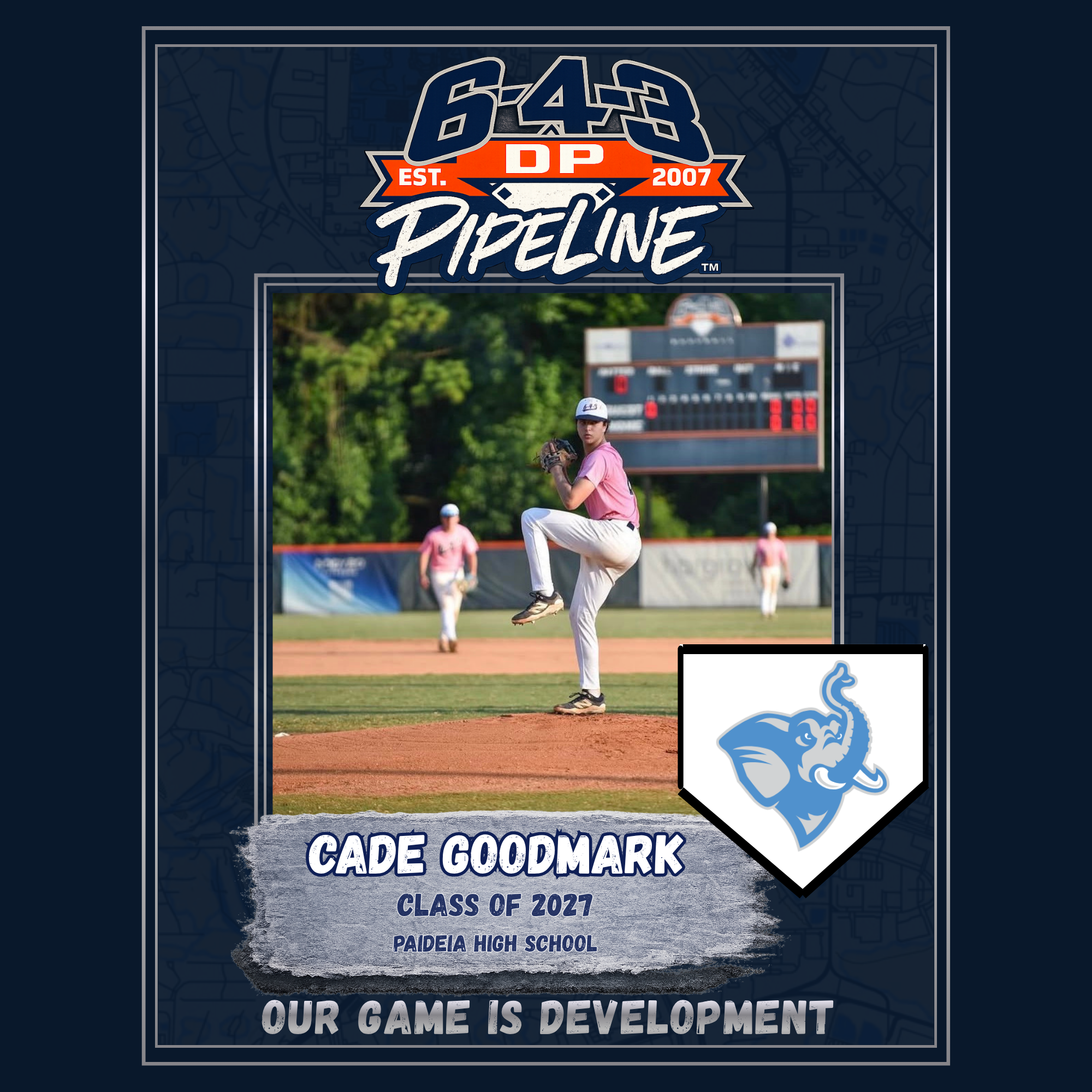 A graphic design showcasing a baseball player pitching at a game, with a scoreboard and trees in the background, and text celebrating Cade Goodmark's class of 2027 from Paideia High School.