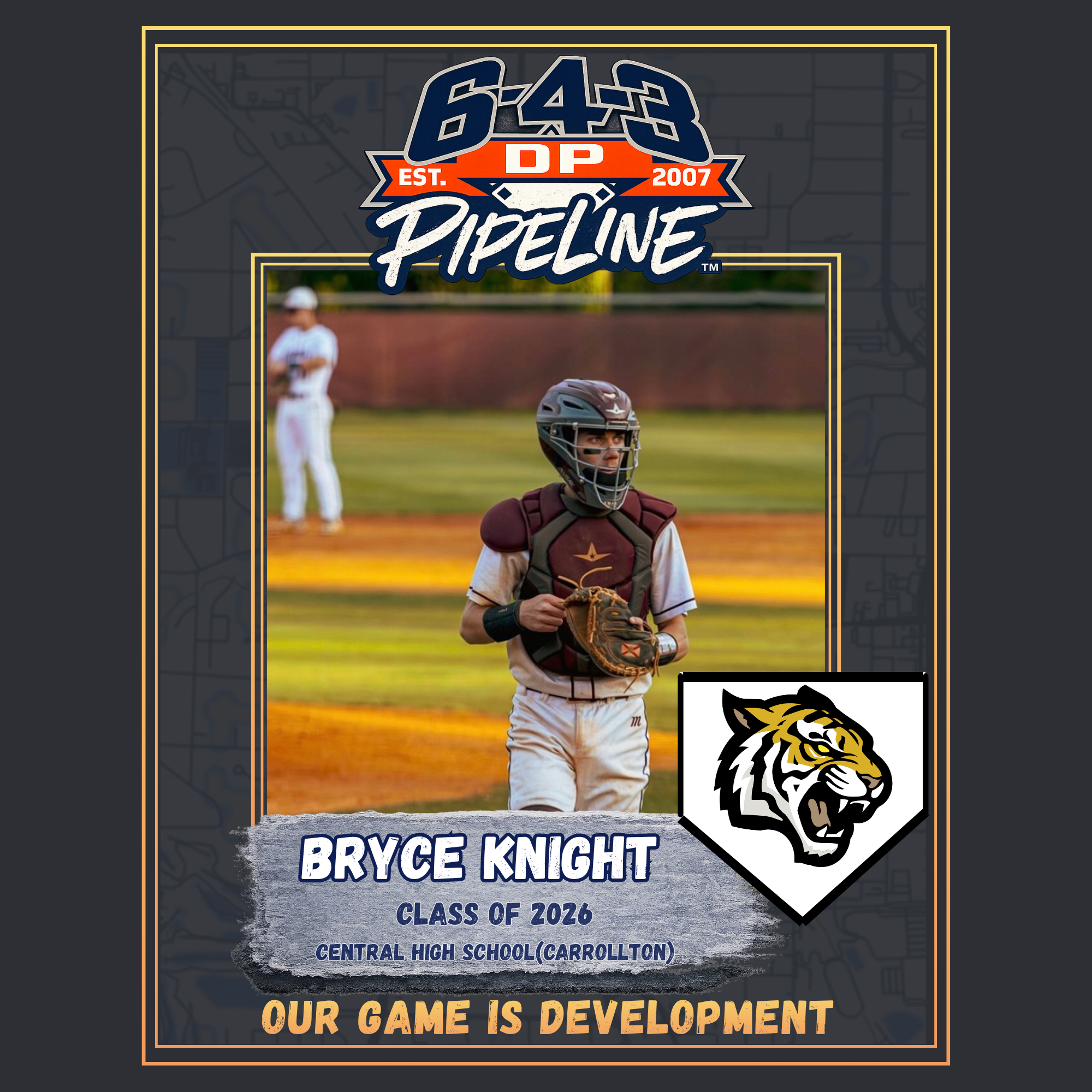 A baseball player in catcher's gear standing on a baseball field, with another player in the background, in a promotional poster for Bryce Knight, a 2026 graduate of Central High School in Carrollton, with text about a pipeline organization establish