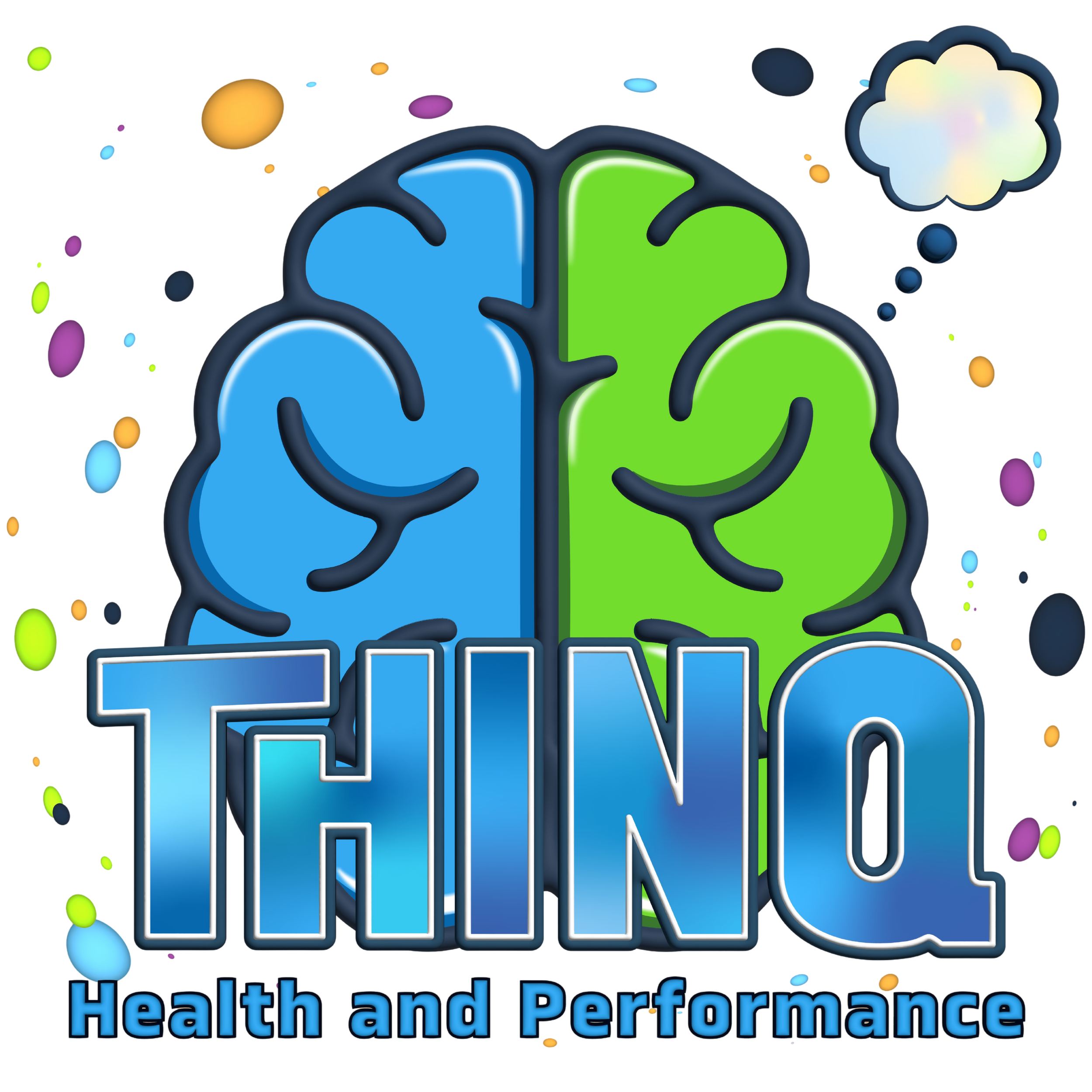 A colorful logo for THINQ, featuring a stylized brain with blue and green halves, and the text 'THINQ' with the subtitle 'Health and Performance'.