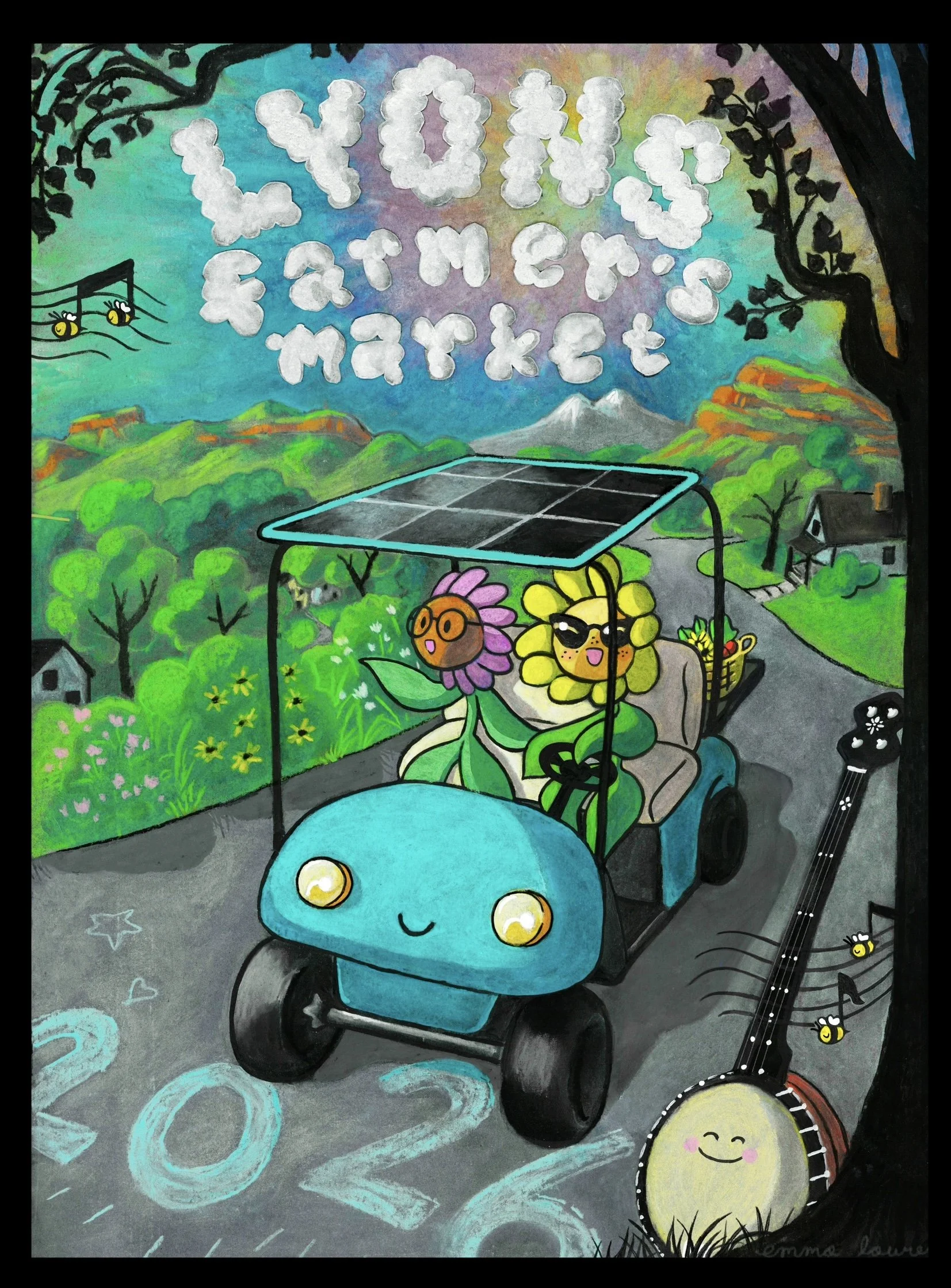 The scene includes a blue scooter with a smiling face, surrounded by green trees, hills, a mountain, and a small house in the background. There are two animated flowers with faces and glasses on the scooter, a black tree on the right, and bees, hearts, and other decorative doodles.
