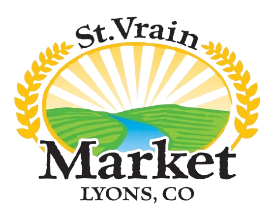 Logo for St. Vrain Market in Lyons, Colorado featuring a stylized landscape with a river, fields, and a sun rising or setting, surrounded by a golden laurel wreath.