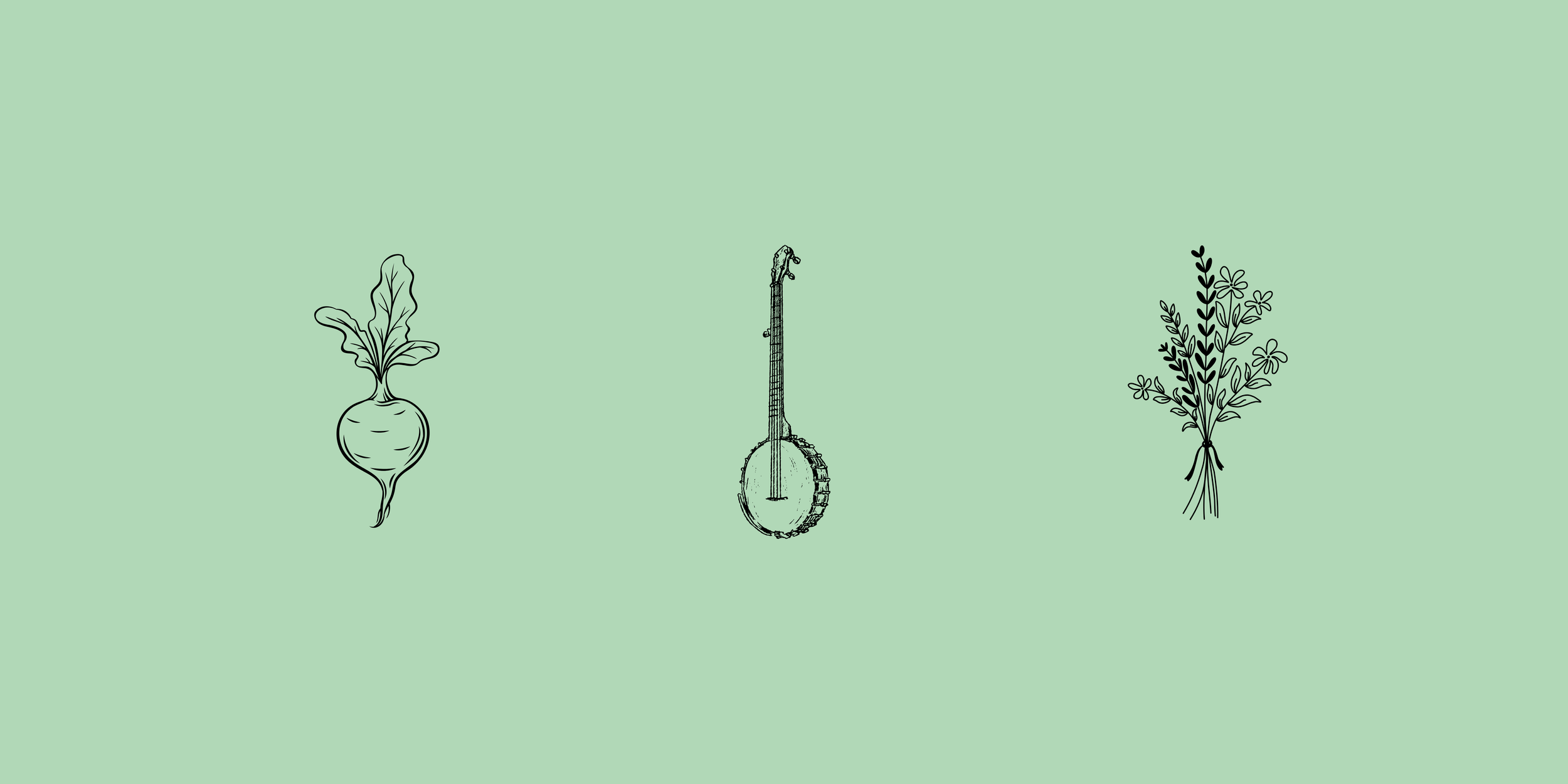 Line art drawings of a beet root, a banjo, and a bouquet of flowers on a light green background.