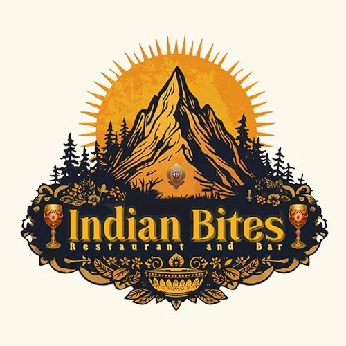 Logo for Indian Bites restaurant and bar featuring a mountain, trees, and decorative elements with gold and black accents.