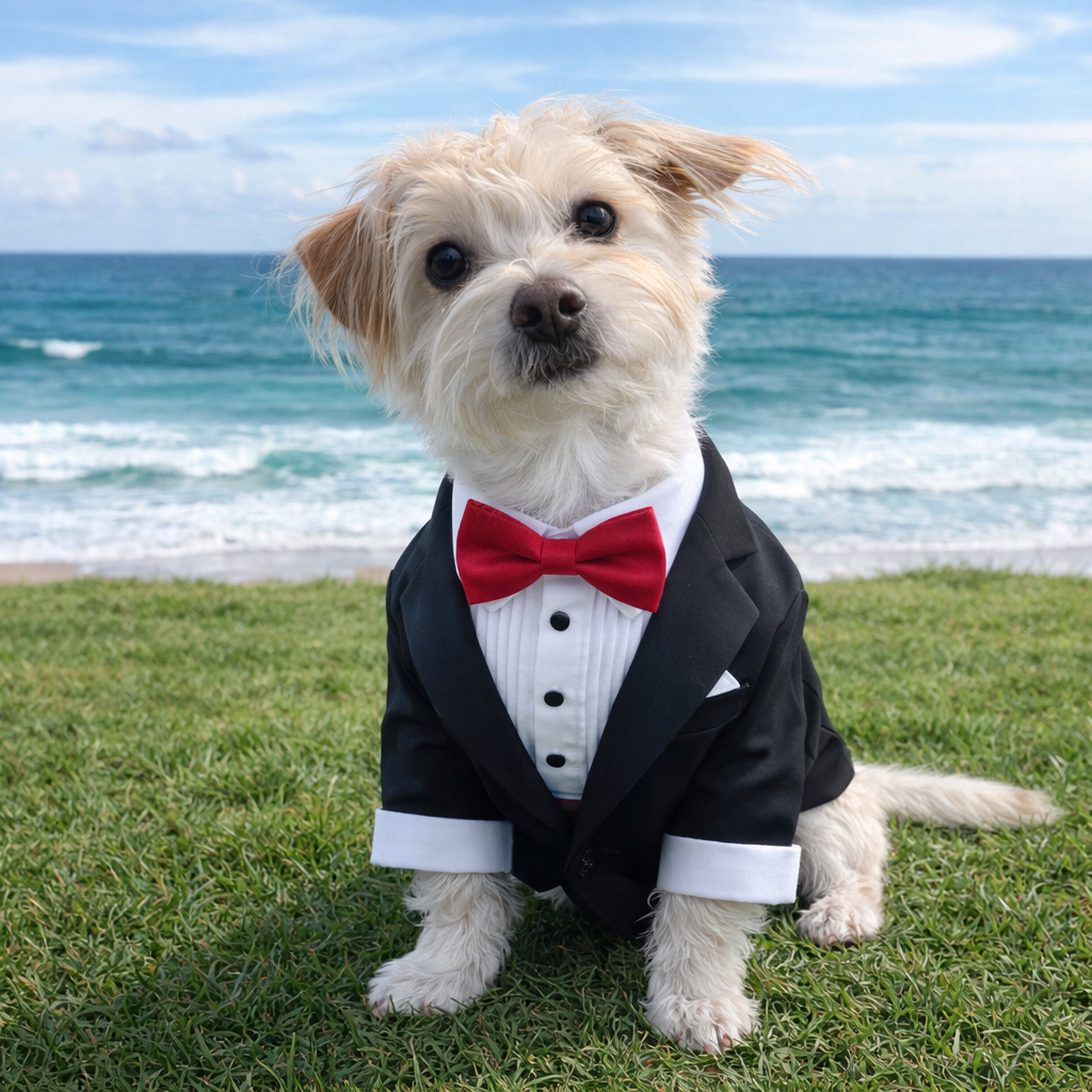 A adorable small dog dressed in a black tuxedo with a red bow tie, sitting on grass near the beach with ocean waves and a partly cloudy sky in the background.