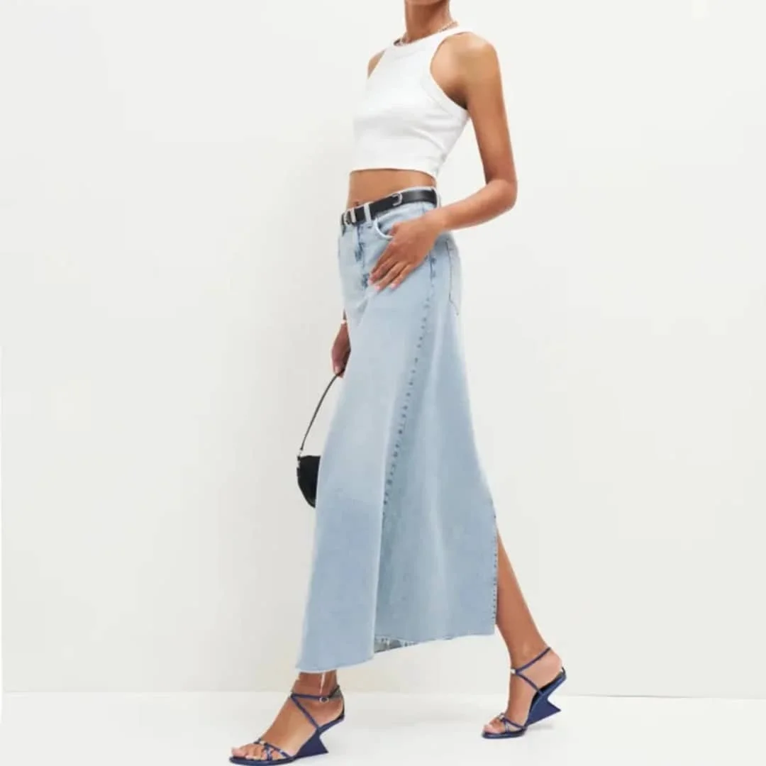 Blue Washed Slit Relaxed Maxi Skirt