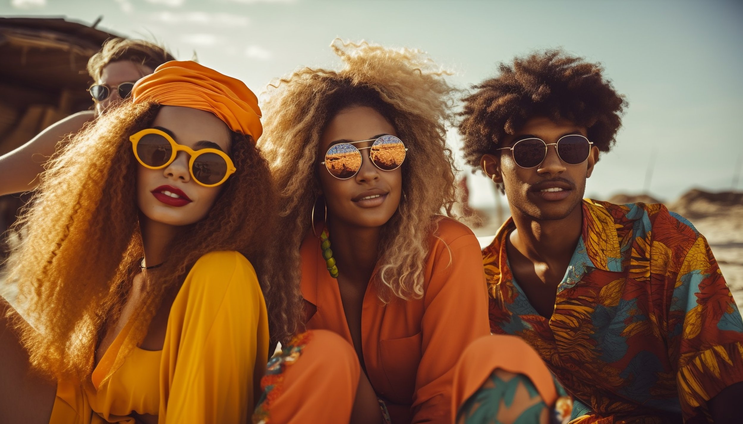 Group of four young adults at the beach wearing colorful clothing and sunglasses, with the sun setting in the background.