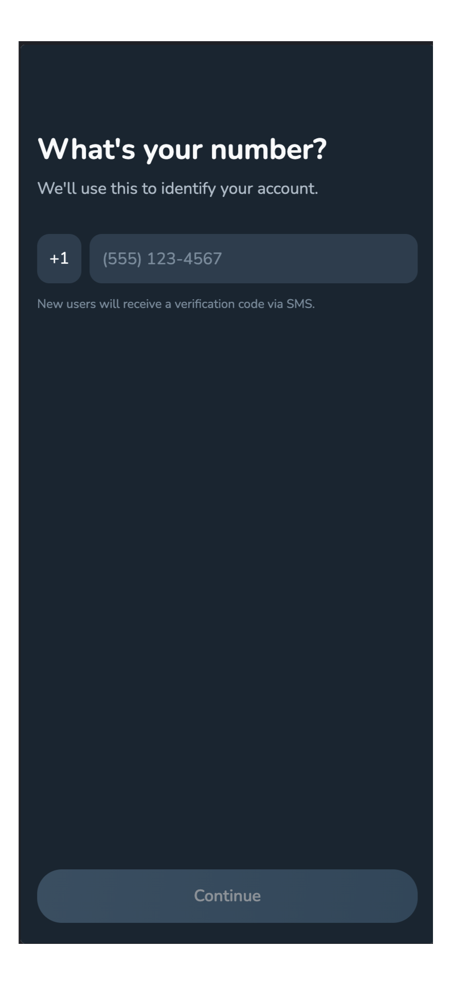 Upon hitting "Continue" on the Welcome Screen, you get this page which informs the user that they'll receive an SMS for verification purposes after they input their phone number and hit "Continue"