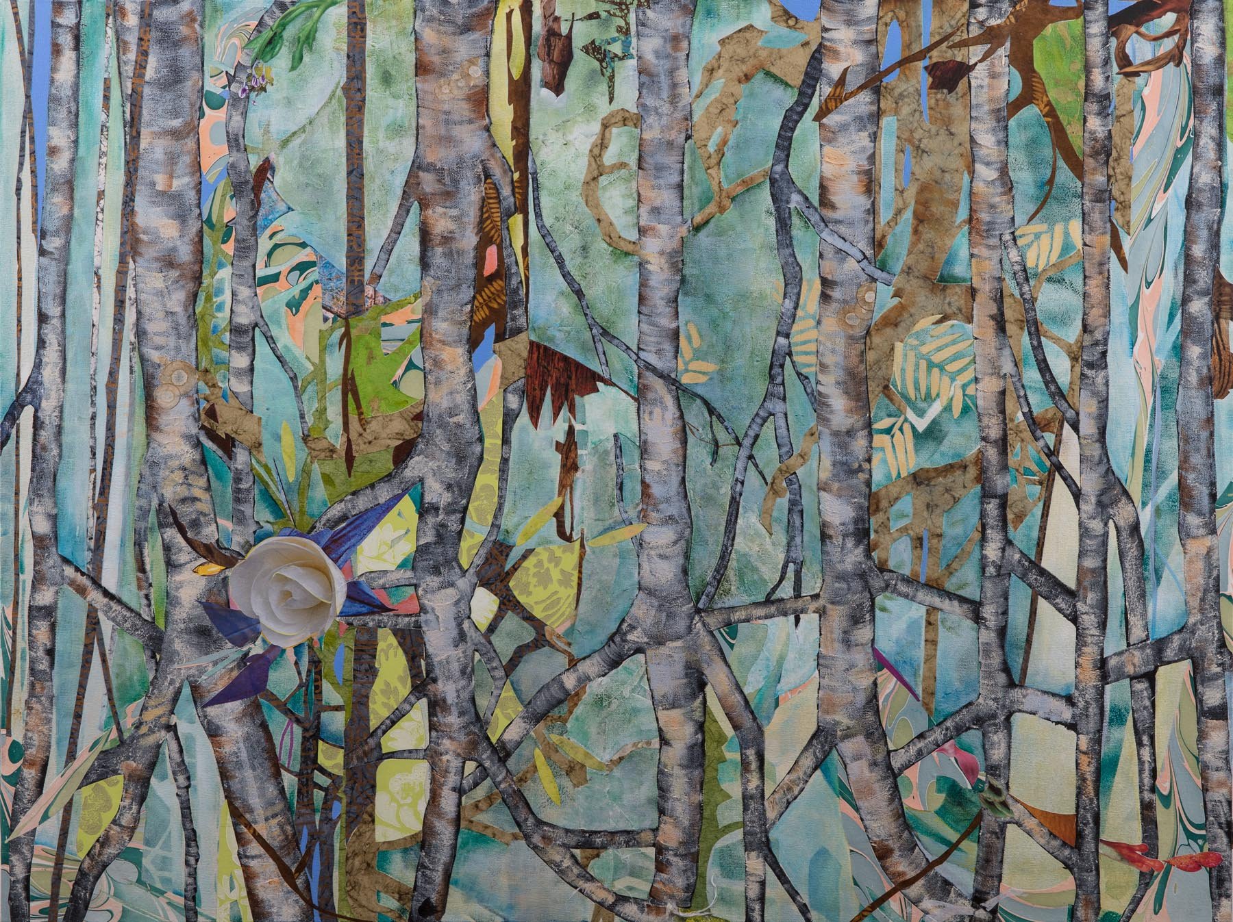 Flower Power, (36x48, mixed collage on canvas), 2018