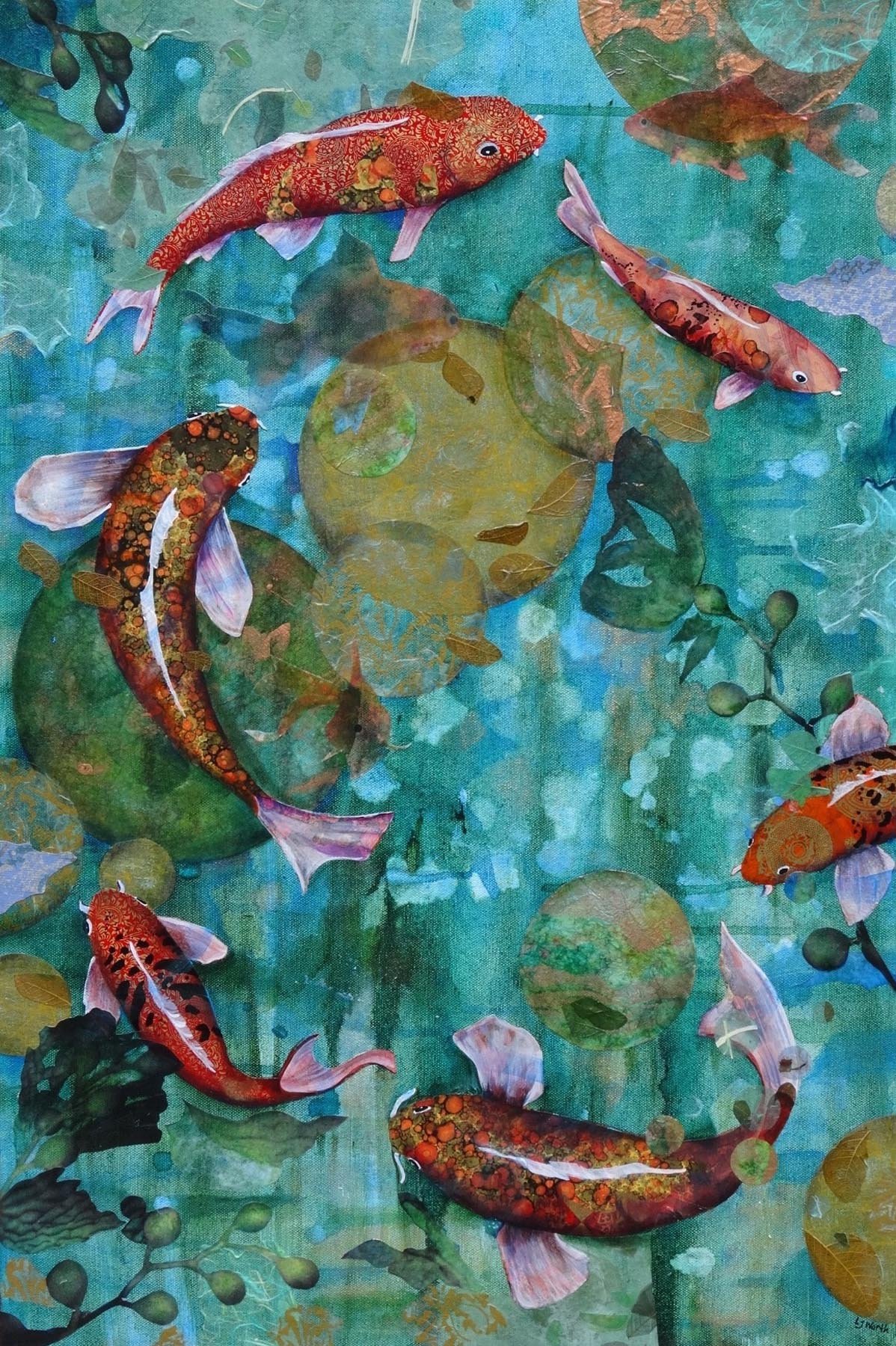 Fish in Space II, Play Ball, (36x24, mixed collage on canvas), 2014