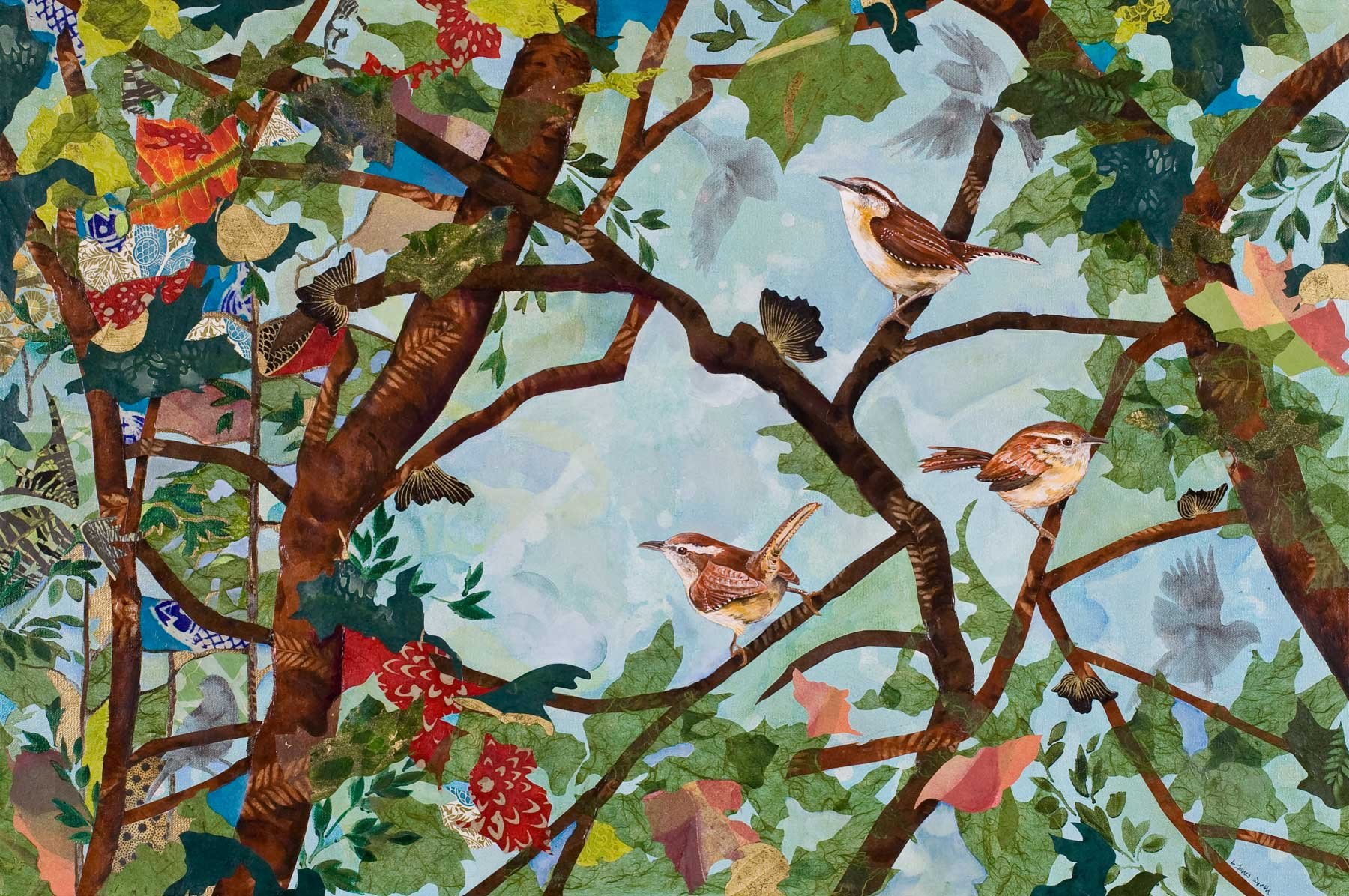 WREN PARTY, (30x40, mixed collage on canvas), 2011