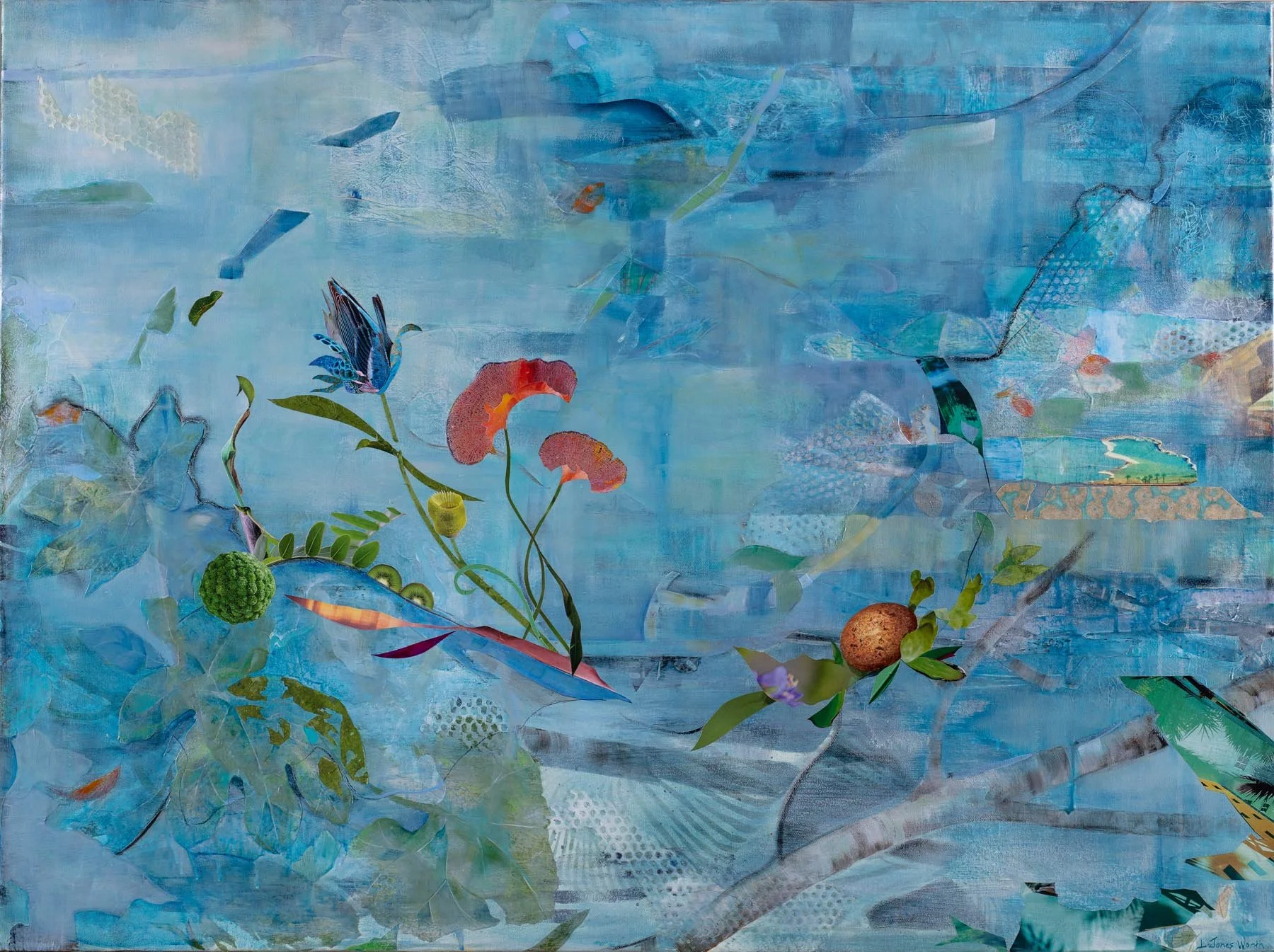 Aqueous, (36x48, mixed collage on canvas), 2020