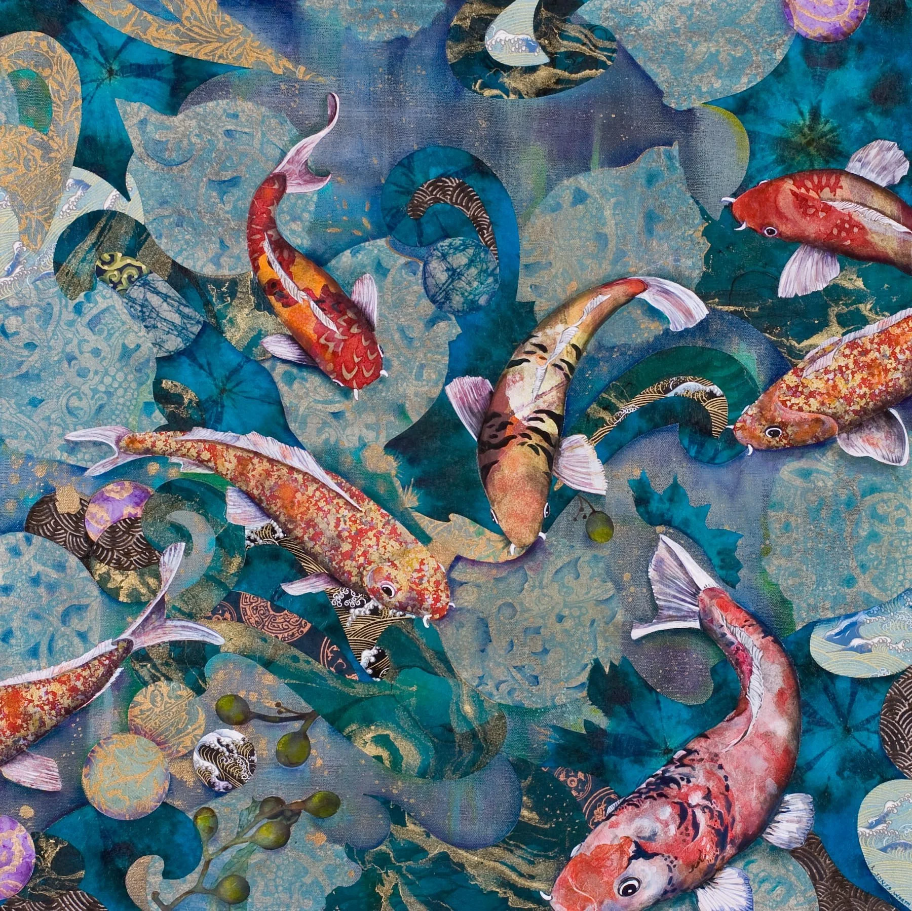 Fish in Space, (24x24, mixed collage on canvas), 2011