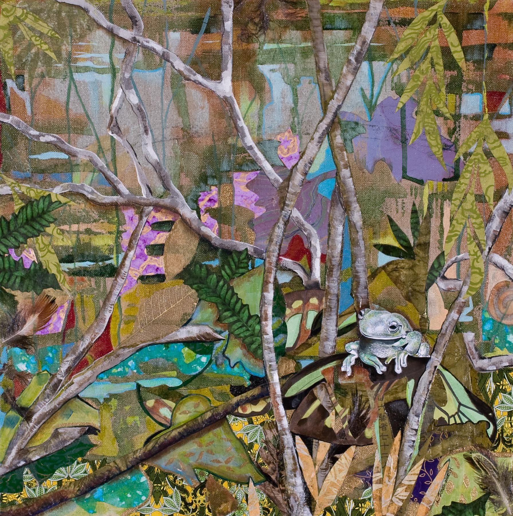 Okefenokee Croaky, (16x16, mixed collage on canvas), 2010