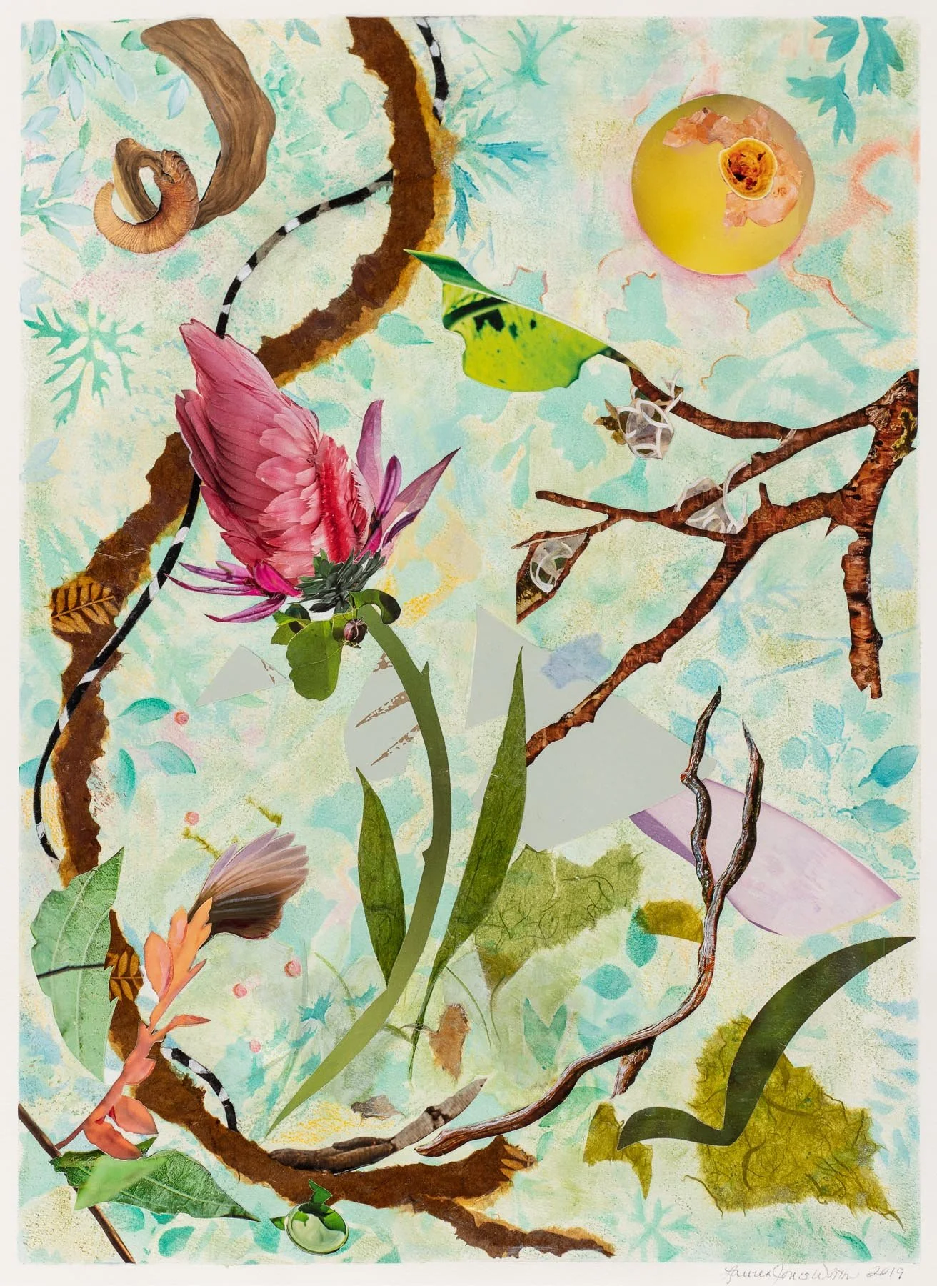 Brother Sun, (22x16,, mixed collage on paper, framed), 2019