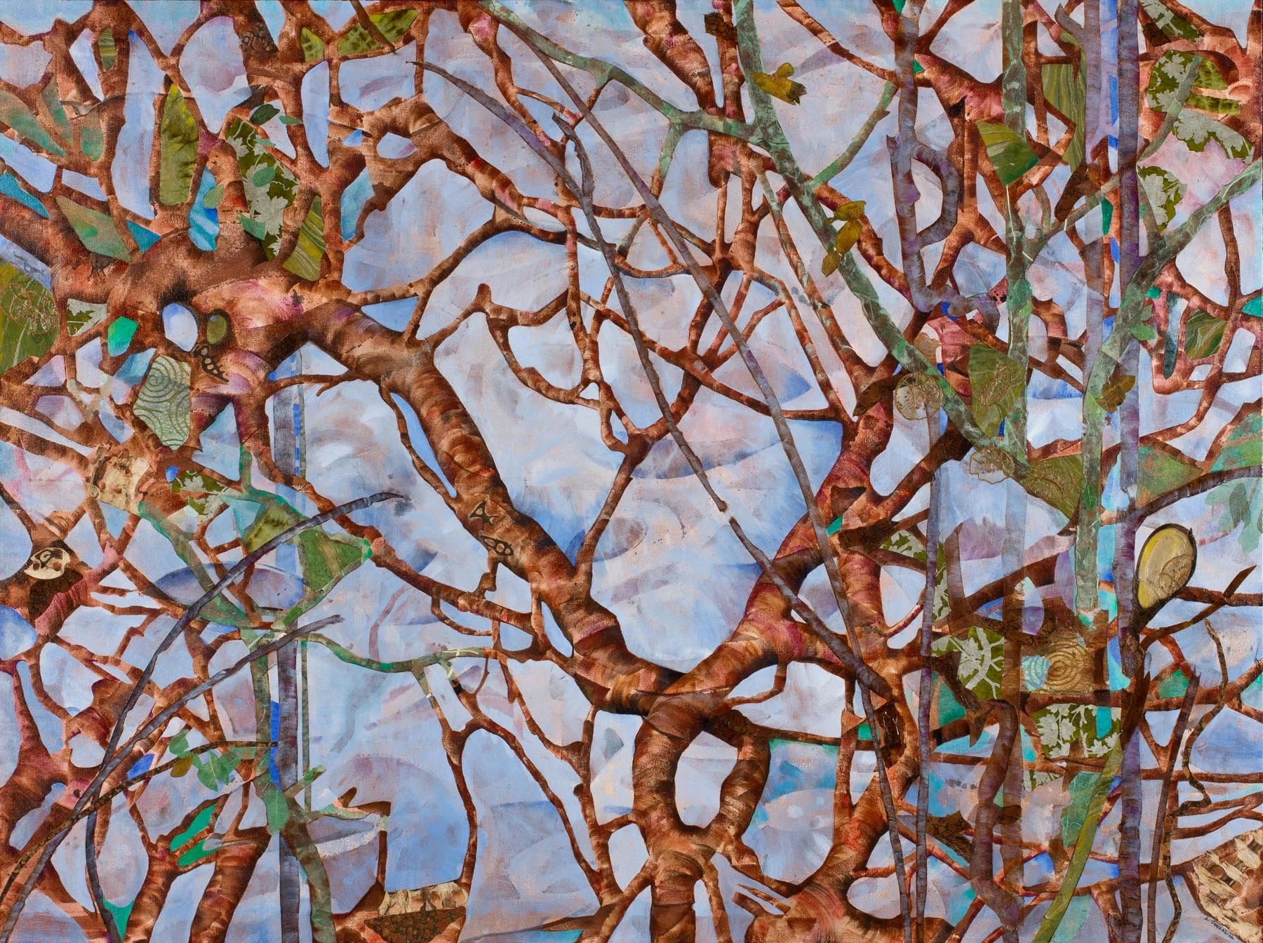 Tree Tattoos, (36x48, mixed collage on canvas), 2013