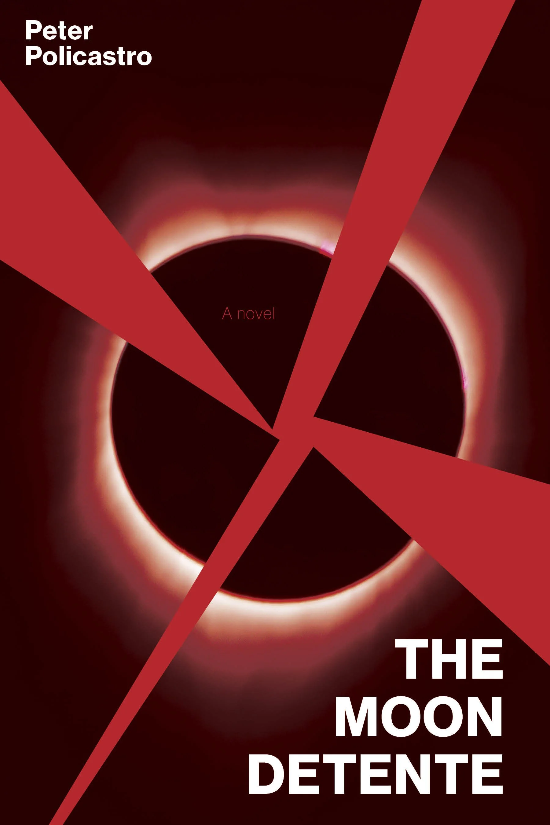 Book cover with a solar eclipse in the background, titled 'The Moon Detente' by Peter Policastro, with bold red geometric shapes across the cover.
