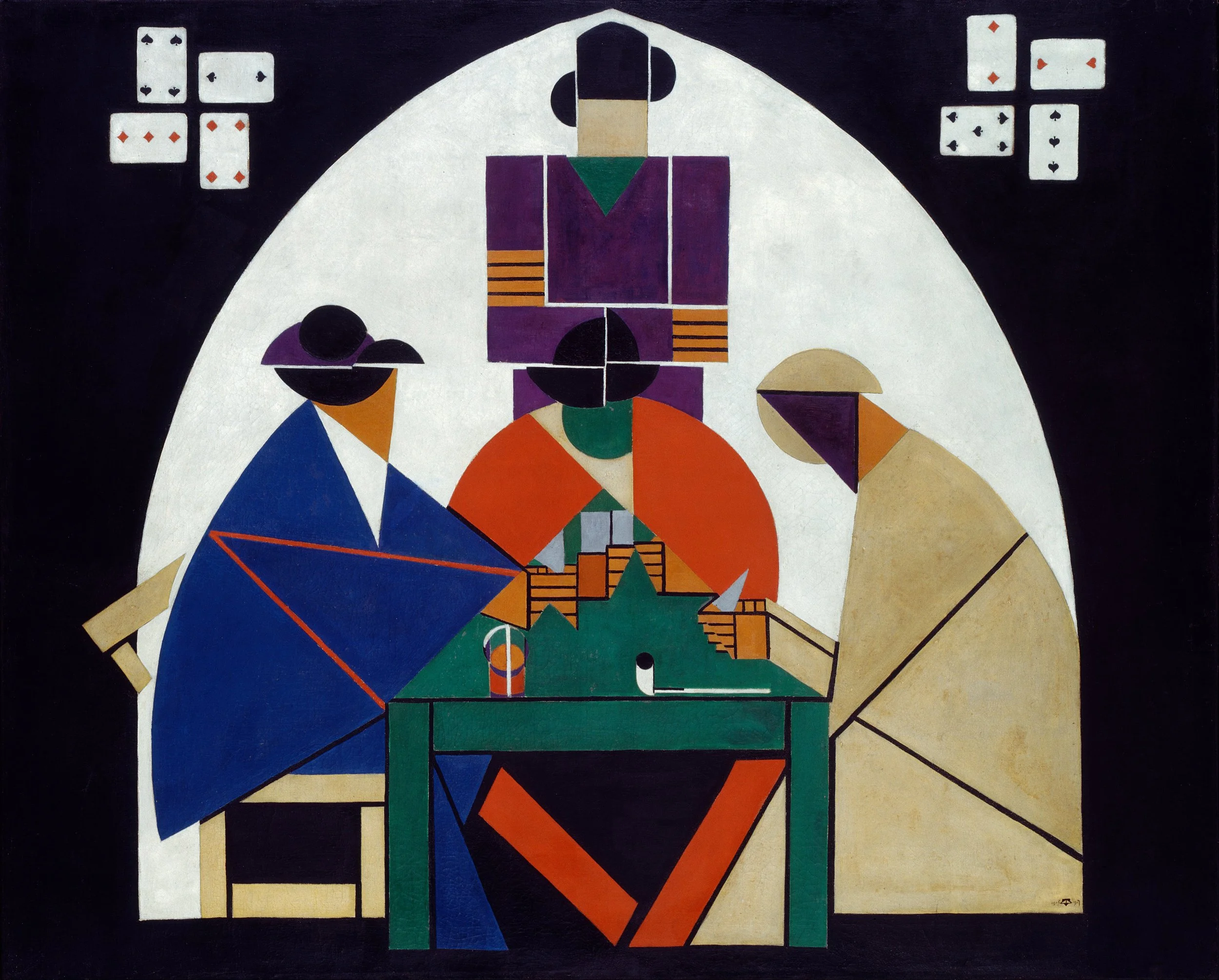 A Cubist painting depicting four abstract figures, with three of them seated around a table, gambling with dice and cards, which serves as a metaphor for the shadow war played between the powerful nations of Earth and a new extraterrestrial entity.