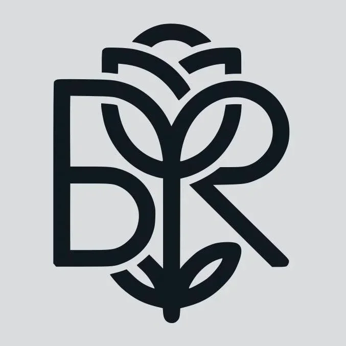 Stylized logo combining a rose flower with the letters B and R.