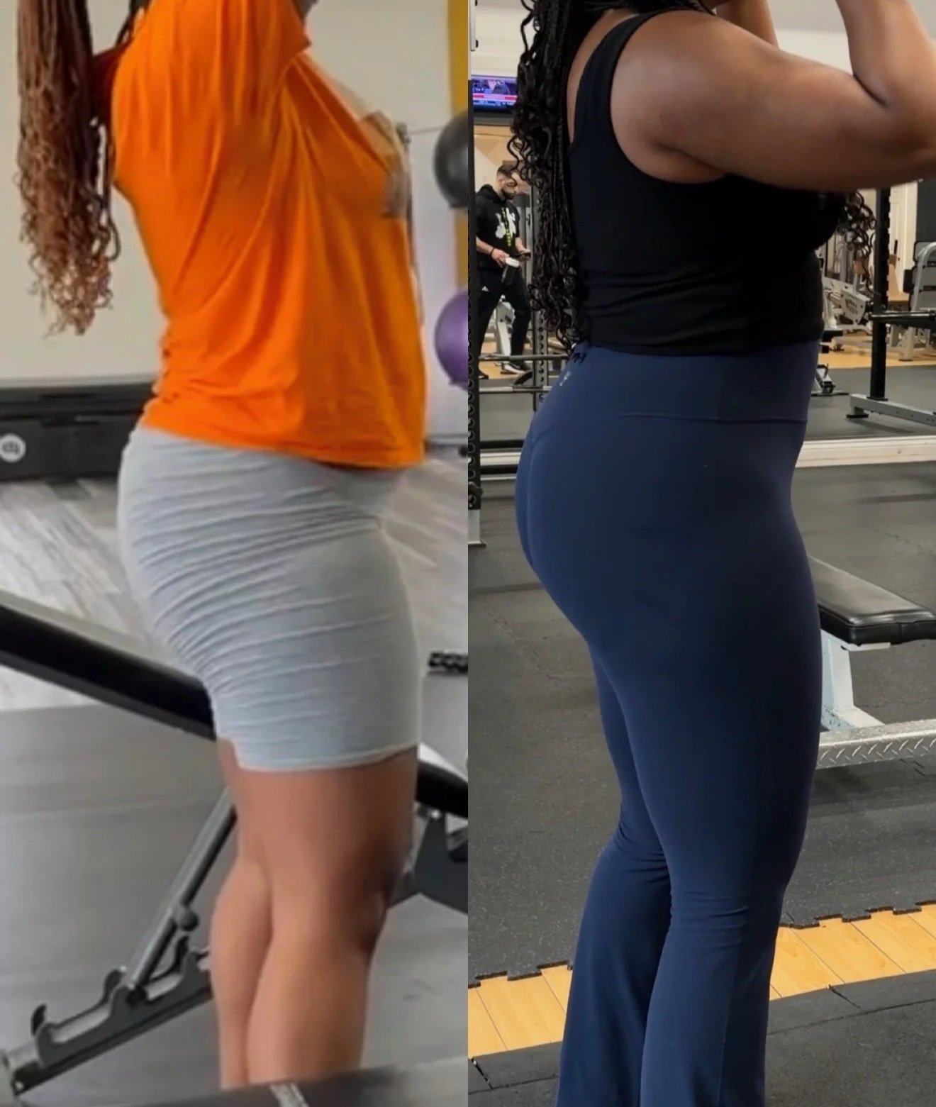 Side-by-side comparison of a women showing weight loss progress.
