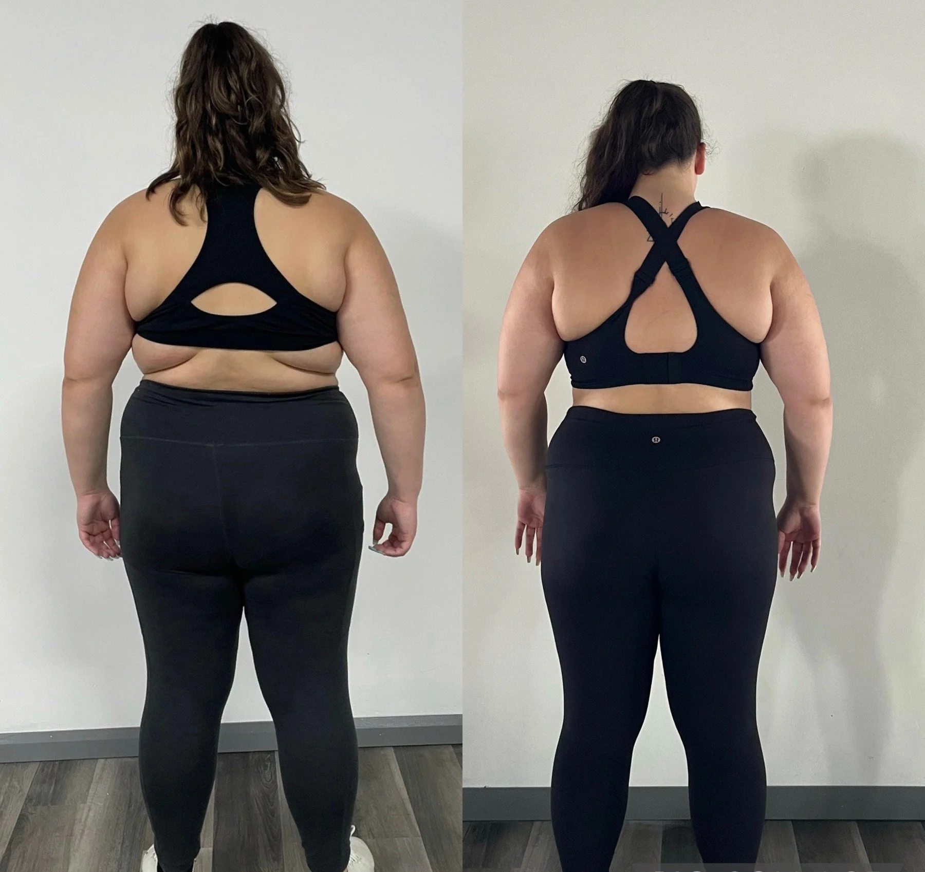 Side-by-side comparison of a women showing weight loss progress.