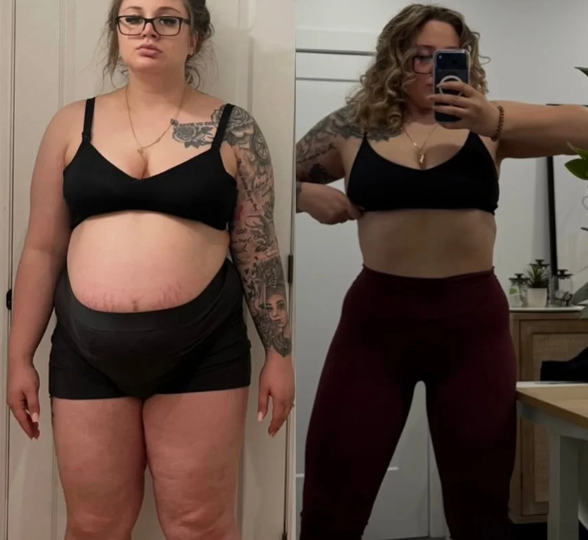 Side-by-side comparison of a Vic showing weight loss progress.