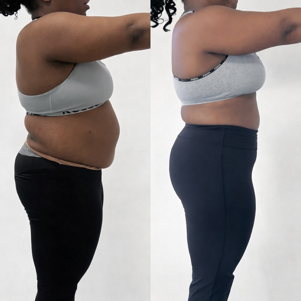 Side-by-side comparison of a women showing weight loss progress.