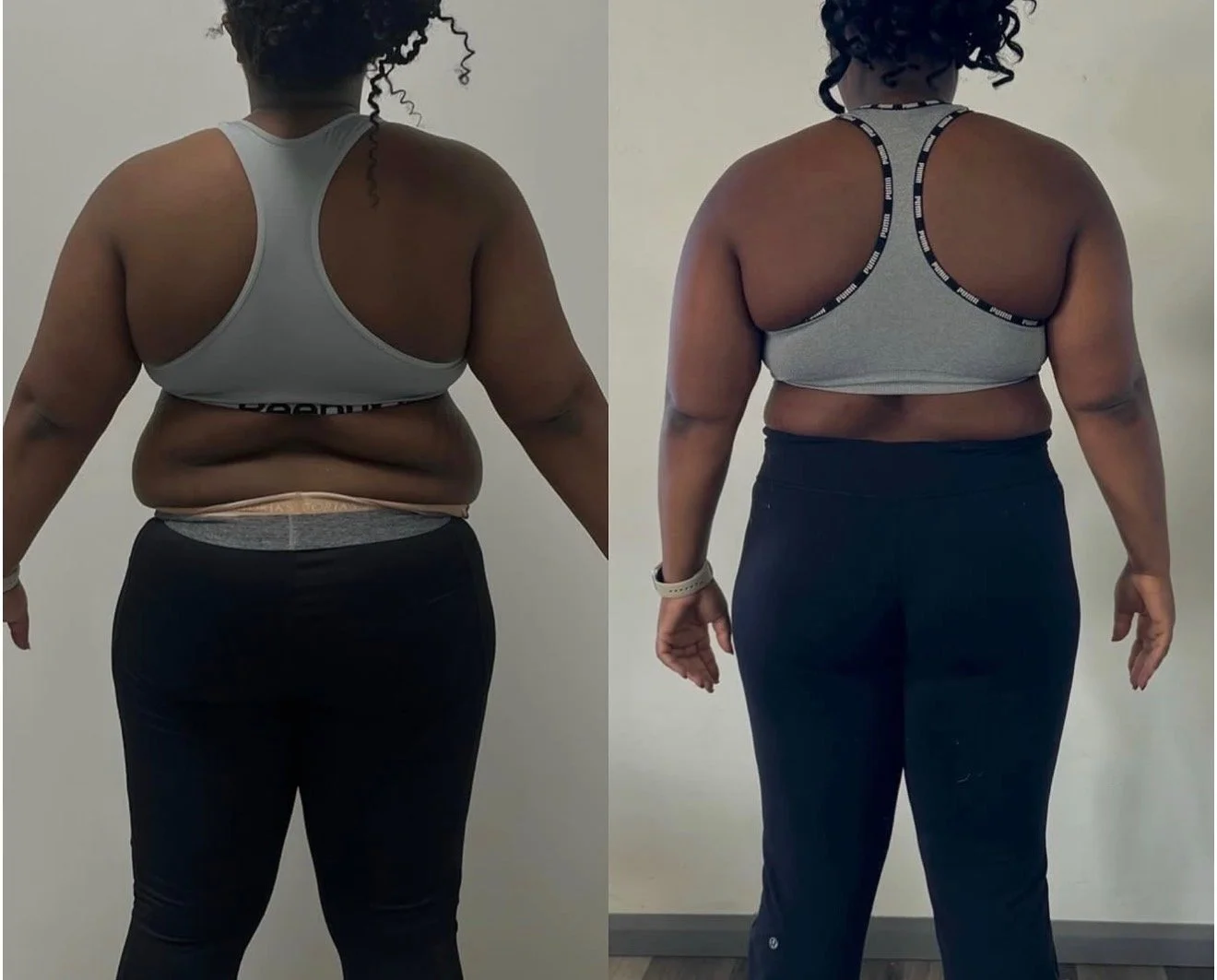 Side-by-side comparison of a women showing weight loss progress.