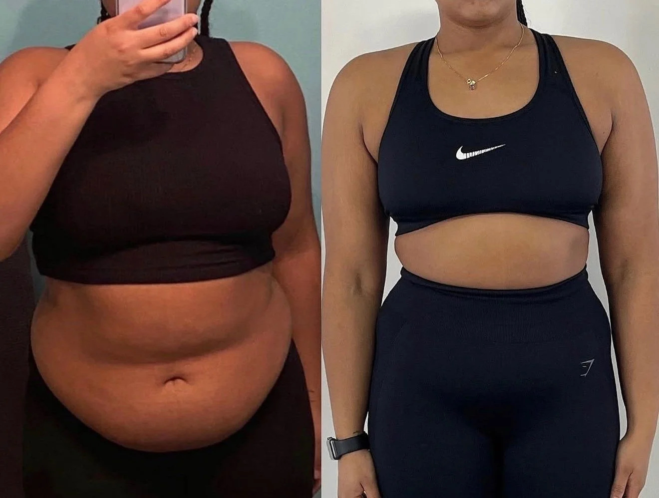 Side-by-side comparison of a women showing weight loss progress.
