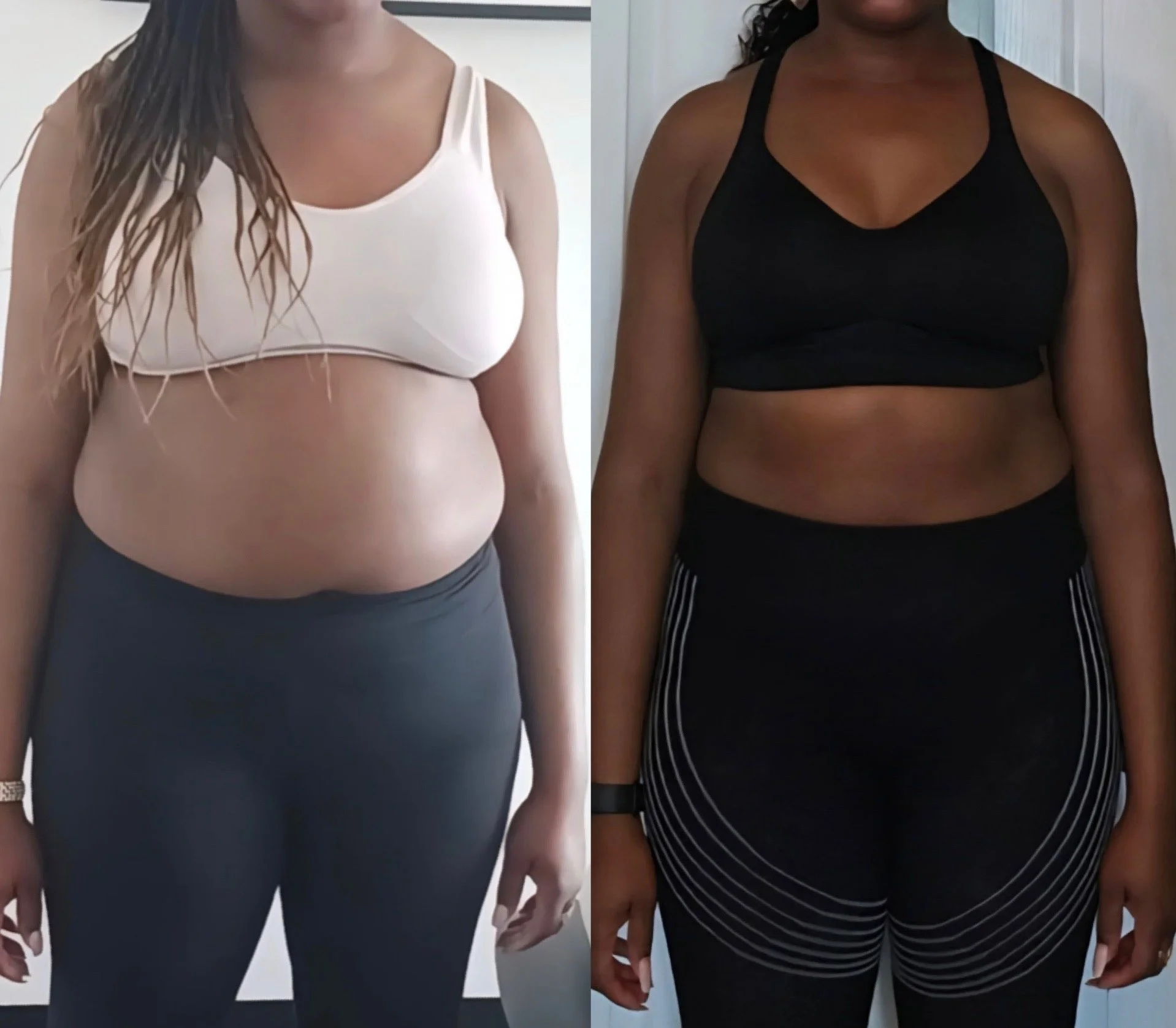Side-by-side comparison of a women showing weight loss progress.