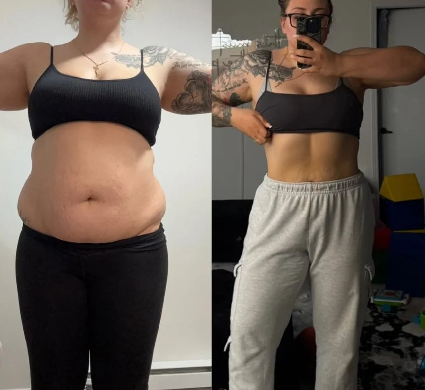 Side-by-side comparison of a Vic showing weight loss progress.