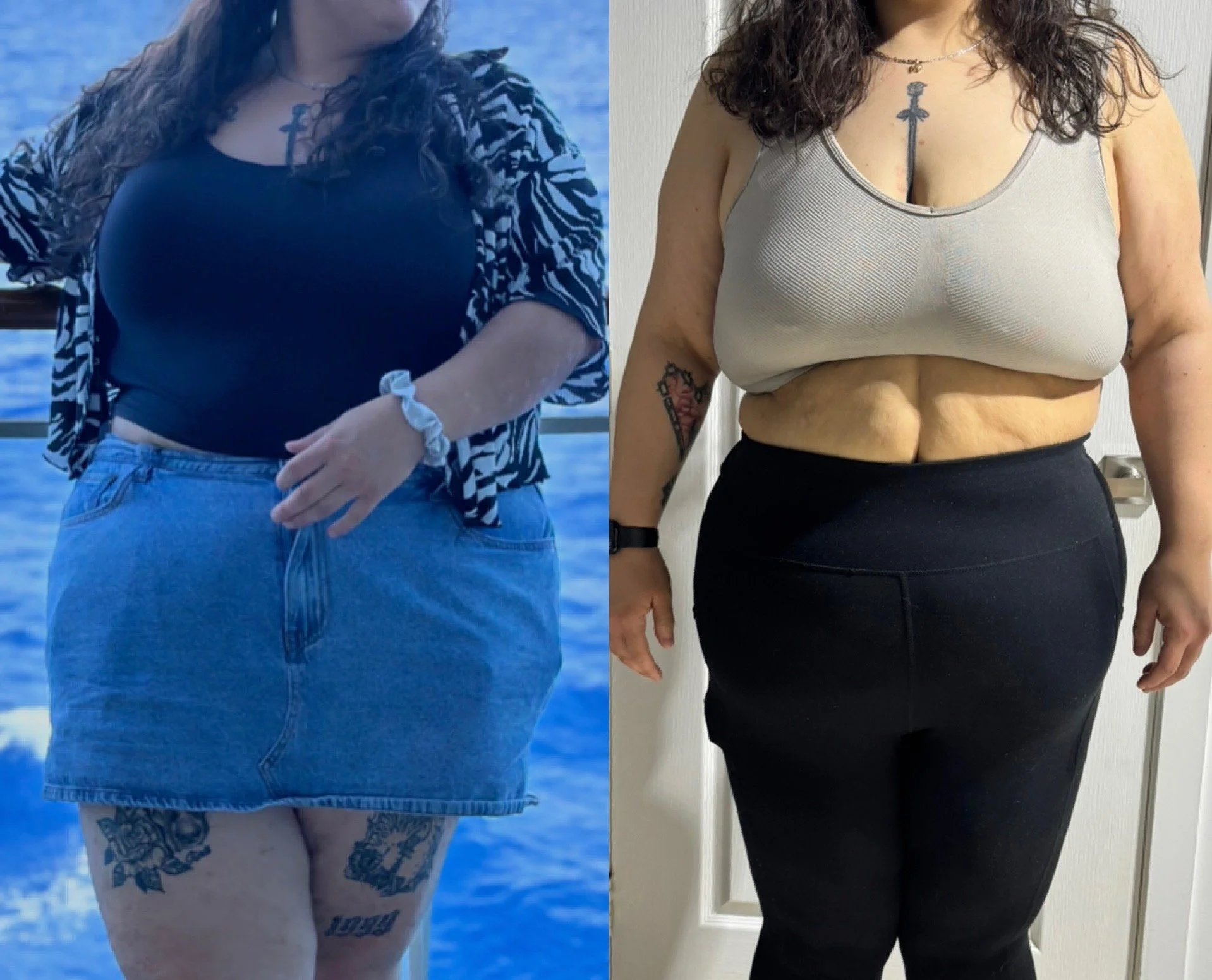 Side-by-side comparison of a women showing weight loss progress.