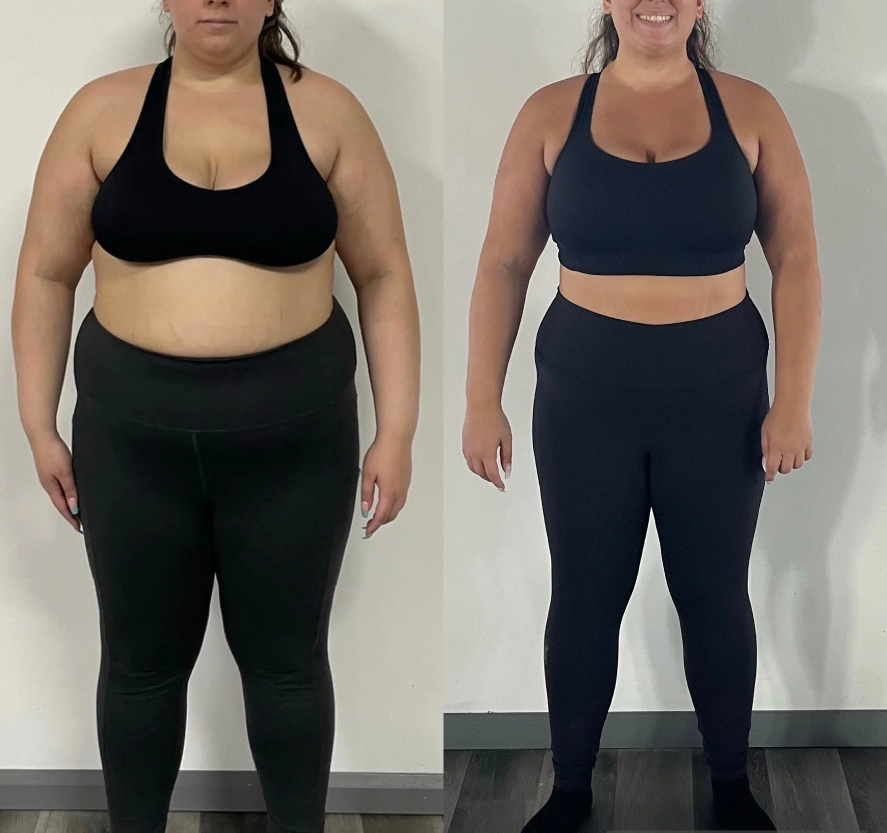 Side-by-side comparison of a women showing weight loss progress.