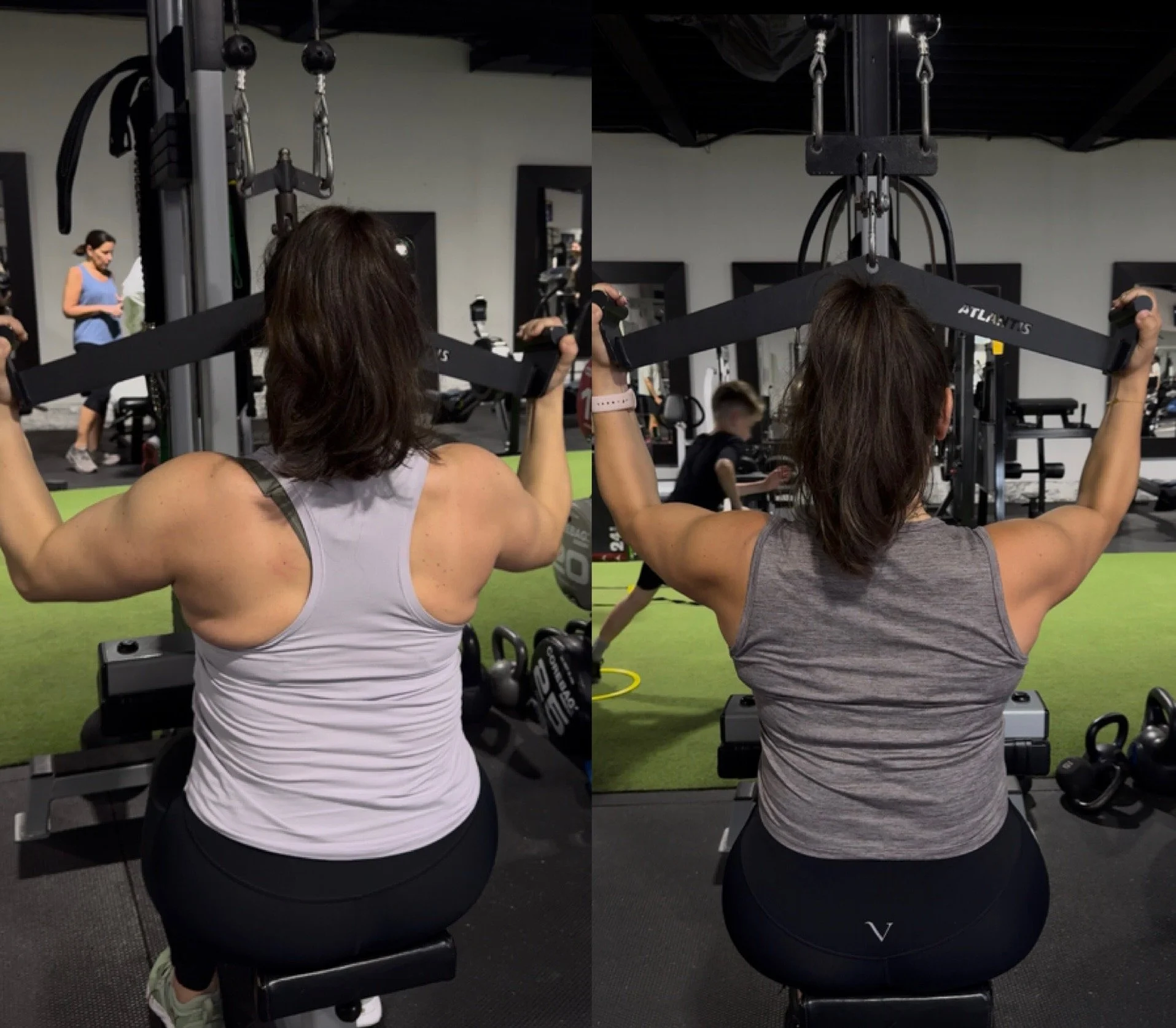 Side-by-side comparison of a women showing weight loss progress.