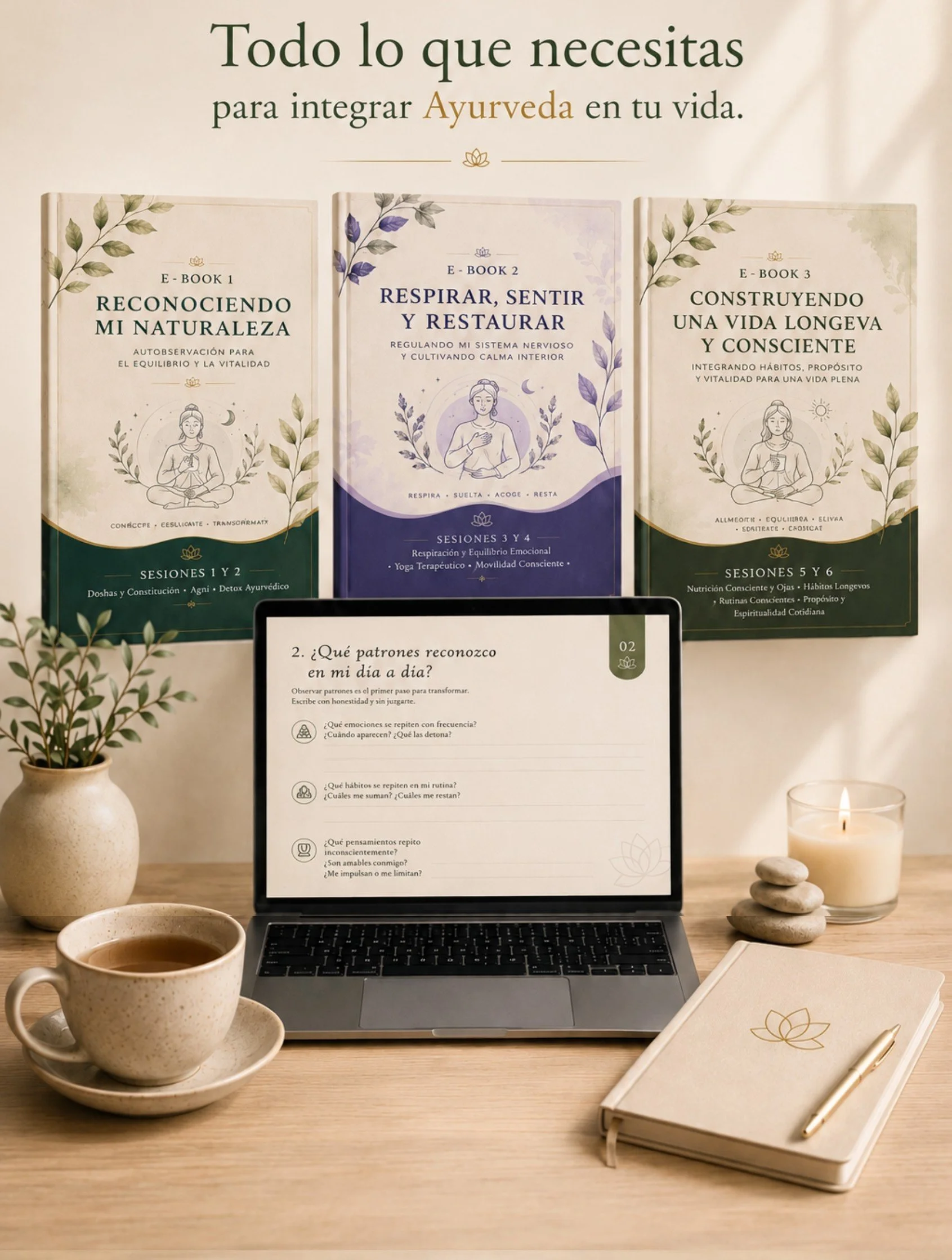 Un escritorio de madera con una taza de café en un platito, una laptop, una libreta con una pluma dorada, una planta en una maceta, una vela, y posters con temas de meditación y bienestar en la pared, incluyendo libros titulado sobre Ayurveda y prácticas de respiración y vida consciente.